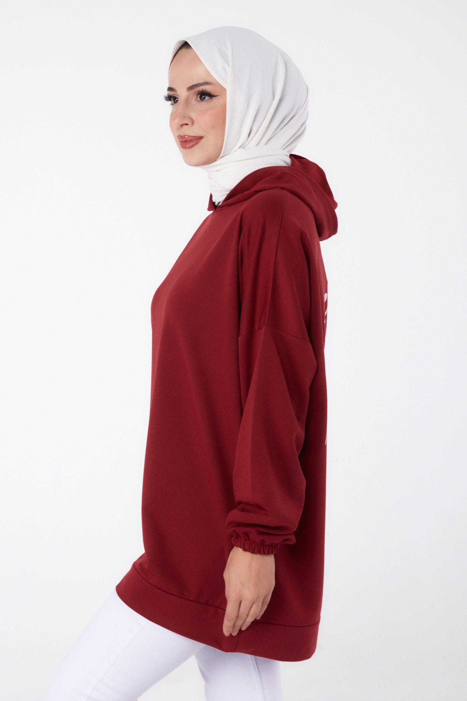 Düz Kapşonlu Yaka Kadın Bordo Arkası Baskılı Sweatshirt - 13327 - 4