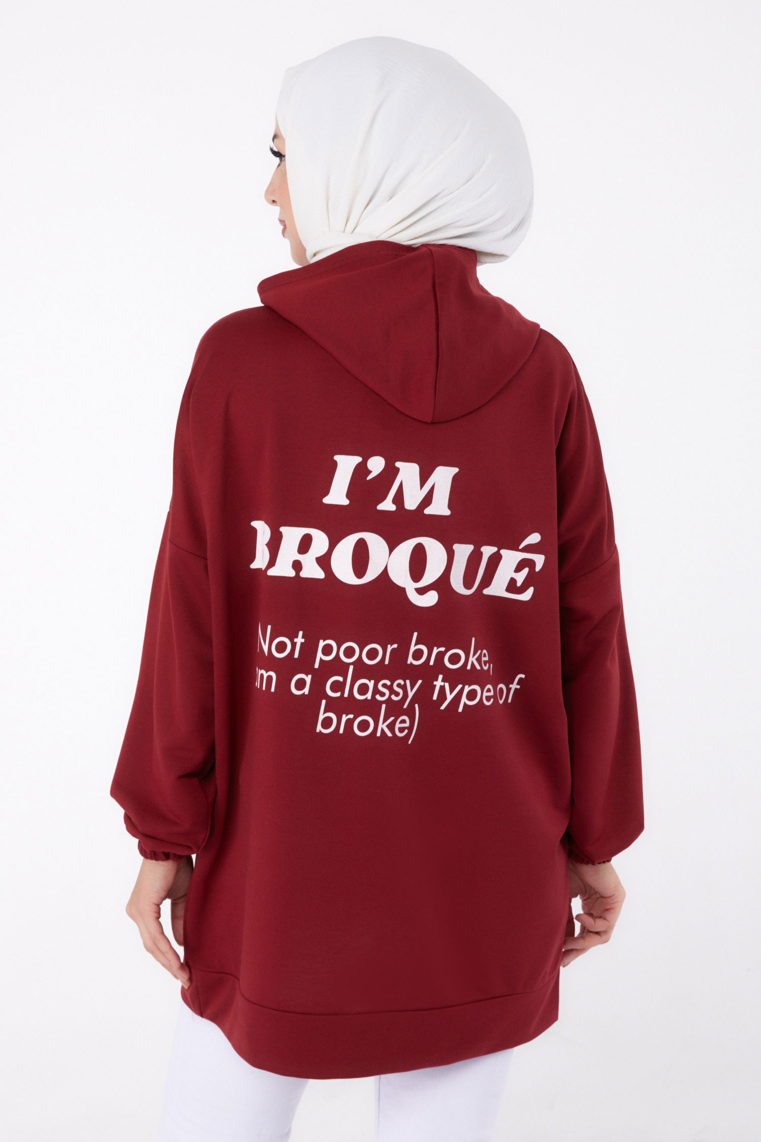 Düz Kapşonlu Yaka Kadın Bordo Arkası Baskılı Sweatshirt - 13327 - 5