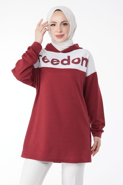 Düz Kapşonlu Yaka Kadın Bordo Baskılı Kapşonlu Sweatshirt - 13134 