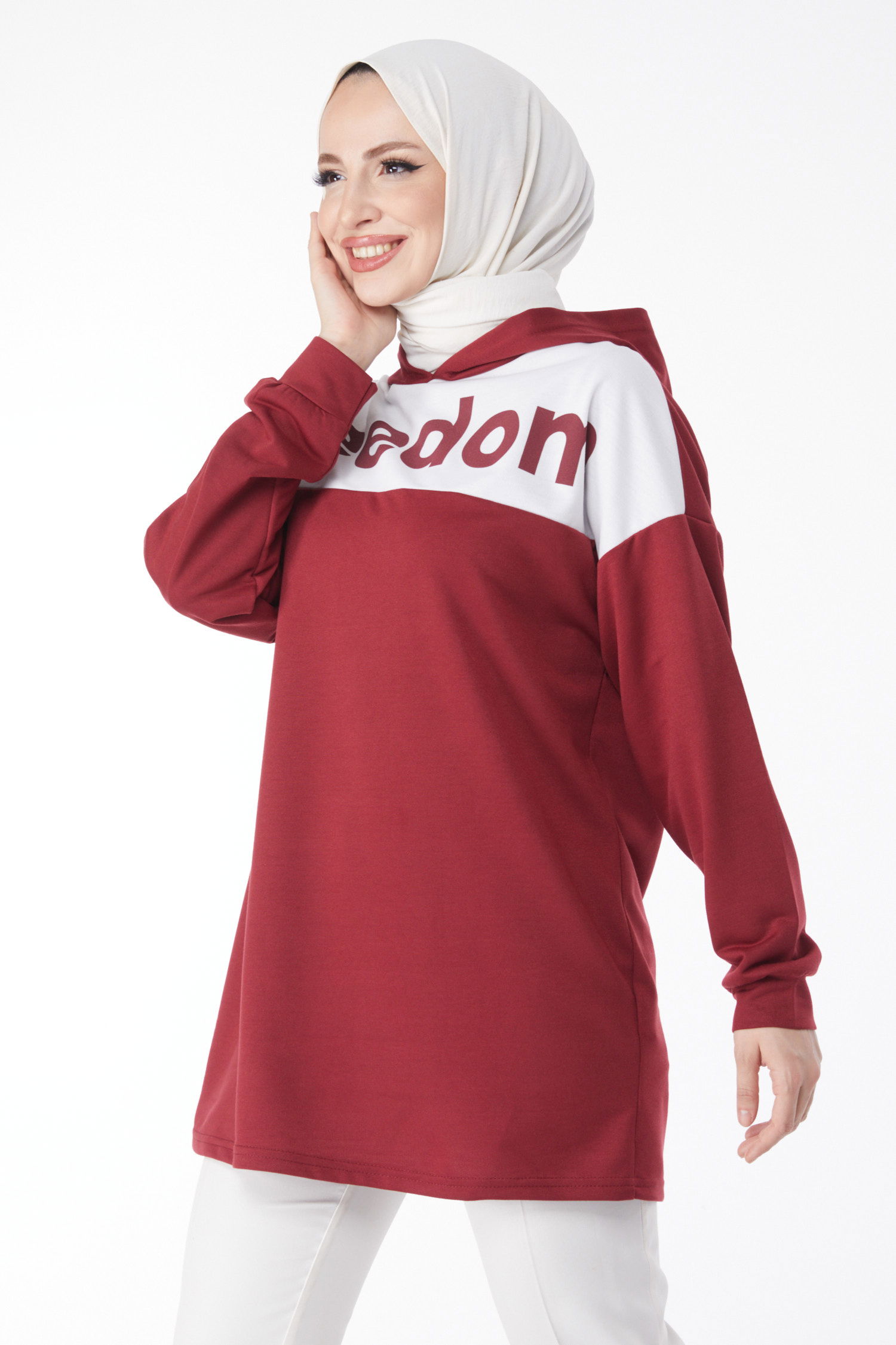 Düz Kapşonlu Yaka Kadın Bordo Baskılı Kapşonlu Sweatshirt - 13134 - 2