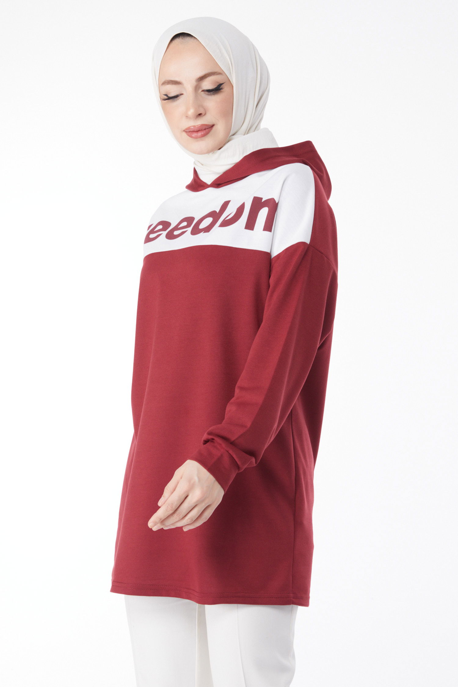 Düz Kapşonlu Yaka Kadın Bordo Baskılı Kapşonlu Sweatshirt - 13134 - 3