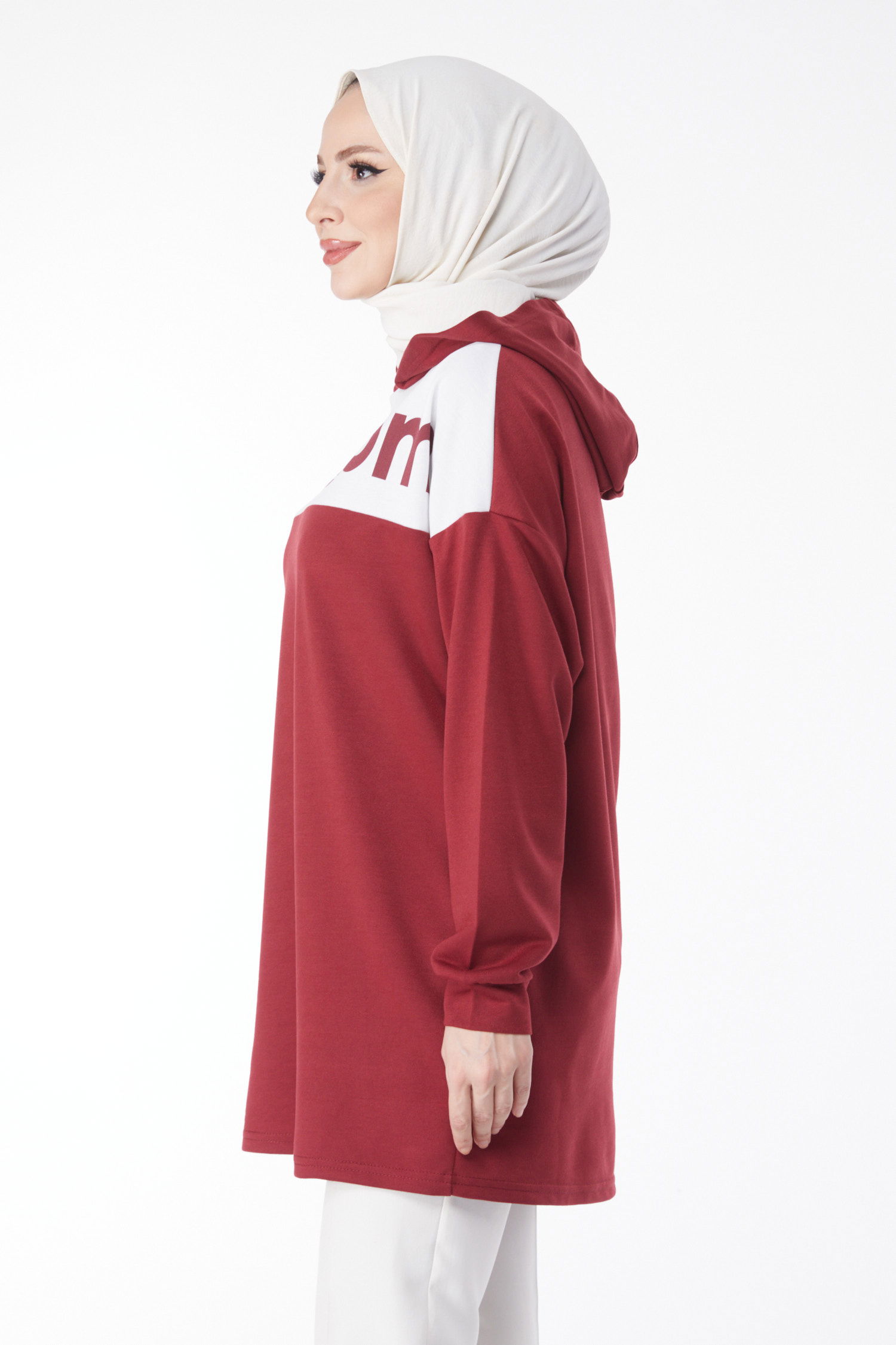 Düz Kapşonlu Yaka Kadın Bordo Baskılı Kapşonlu Sweatshirt - 13134 - 4