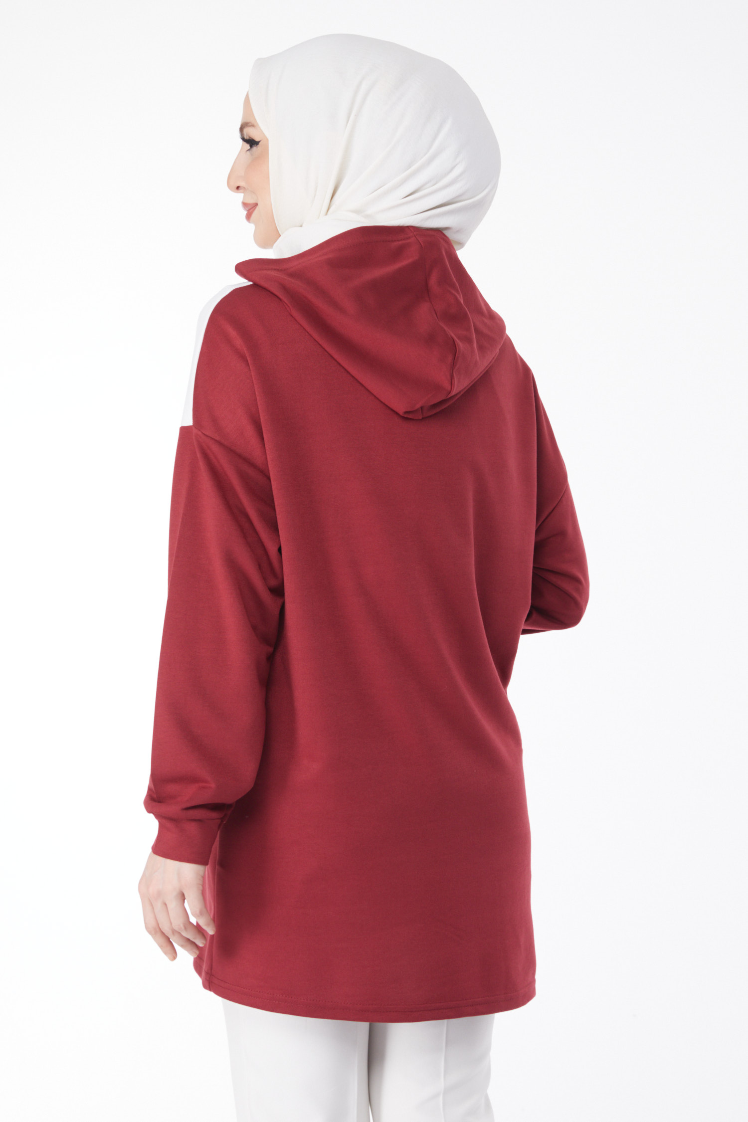 Düz Kapşonlu Yaka Kadın Bordo Baskılı Kapşonlu Sweatshirt - 13134 - 5
