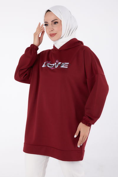 Düz Kapşonlu Yaka Kadın Bordo Baskılı Sweatshirt - 13330 