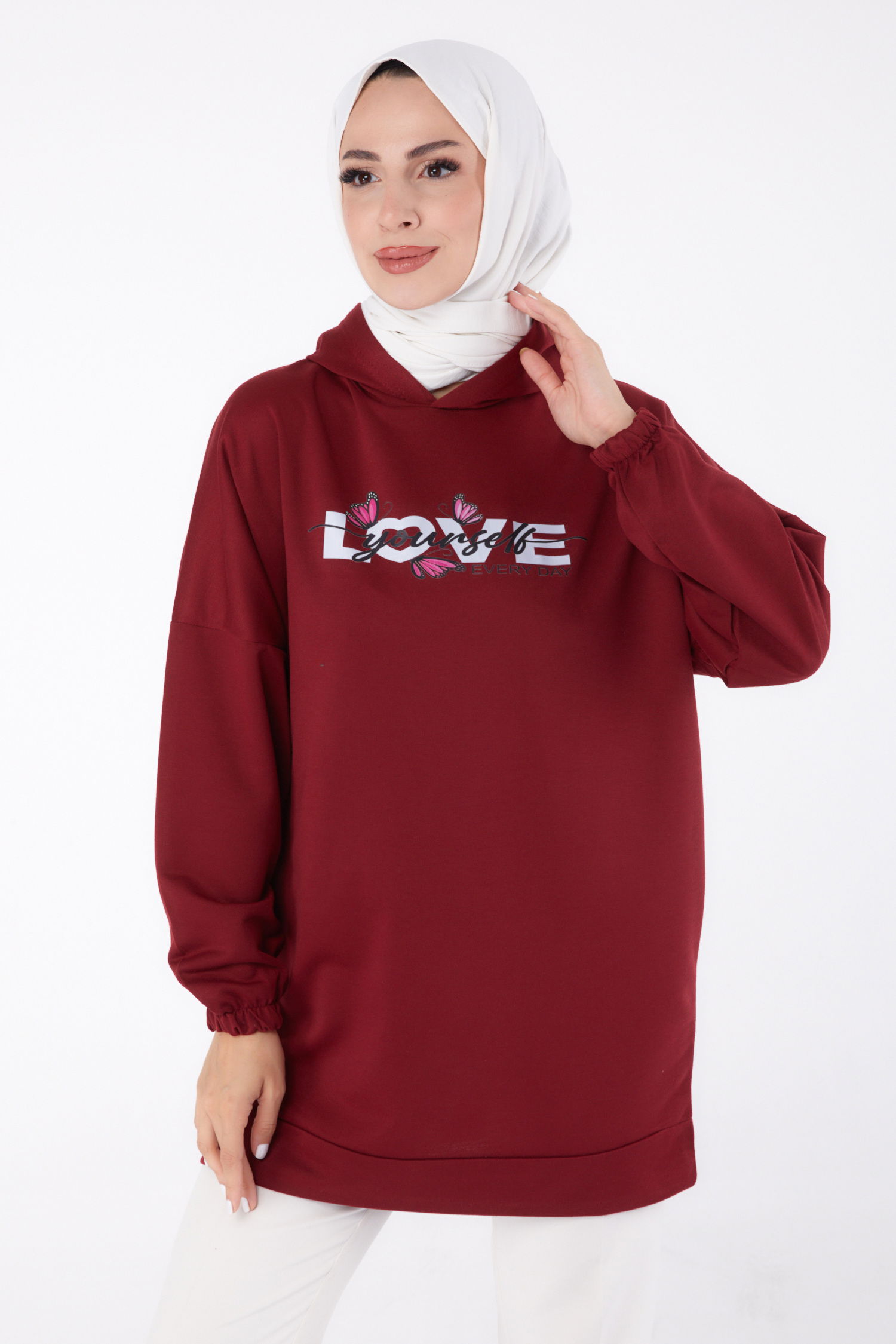 Düz Kapşonlu Yaka Kadın Bordo Baskılı Sweatshirt - 13330 - 2