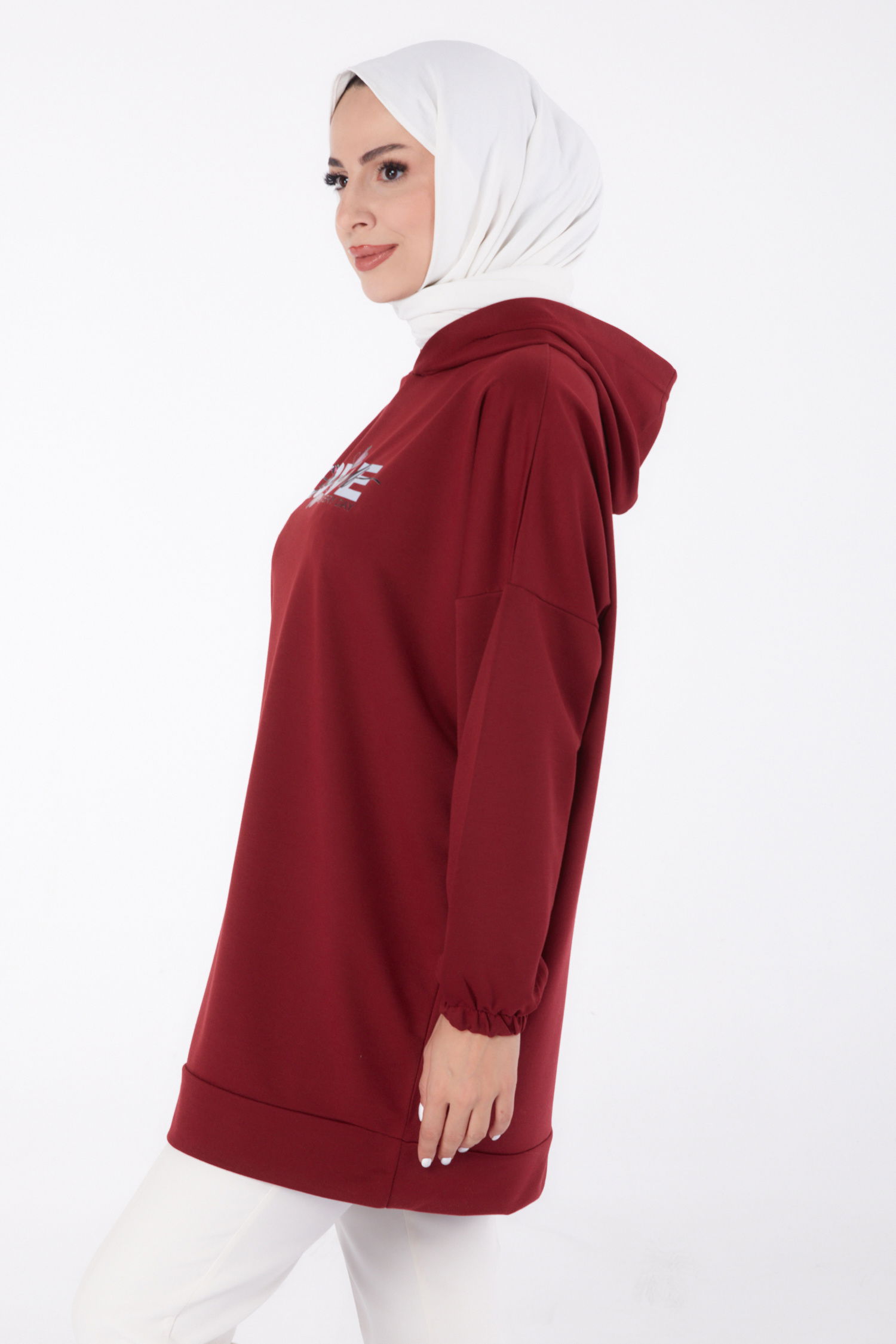Düz Kapşonlu Yaka Kadın Bordo Baskılı Sweatshirt - 13330 - 3
