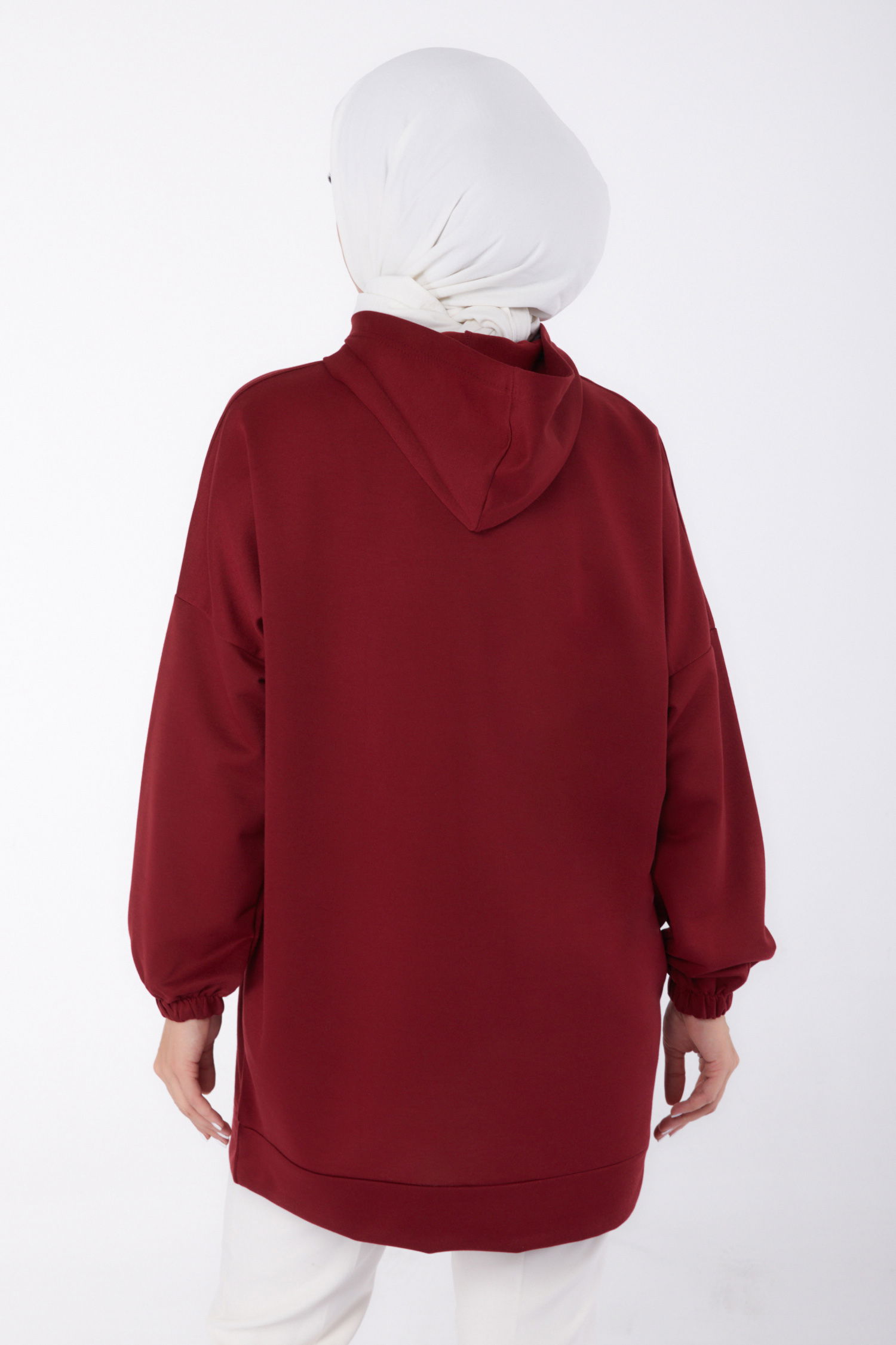 Düz Kapşonlu Yaka Kadın Bordo Baskılı Sweatshirt - 13330 - 4