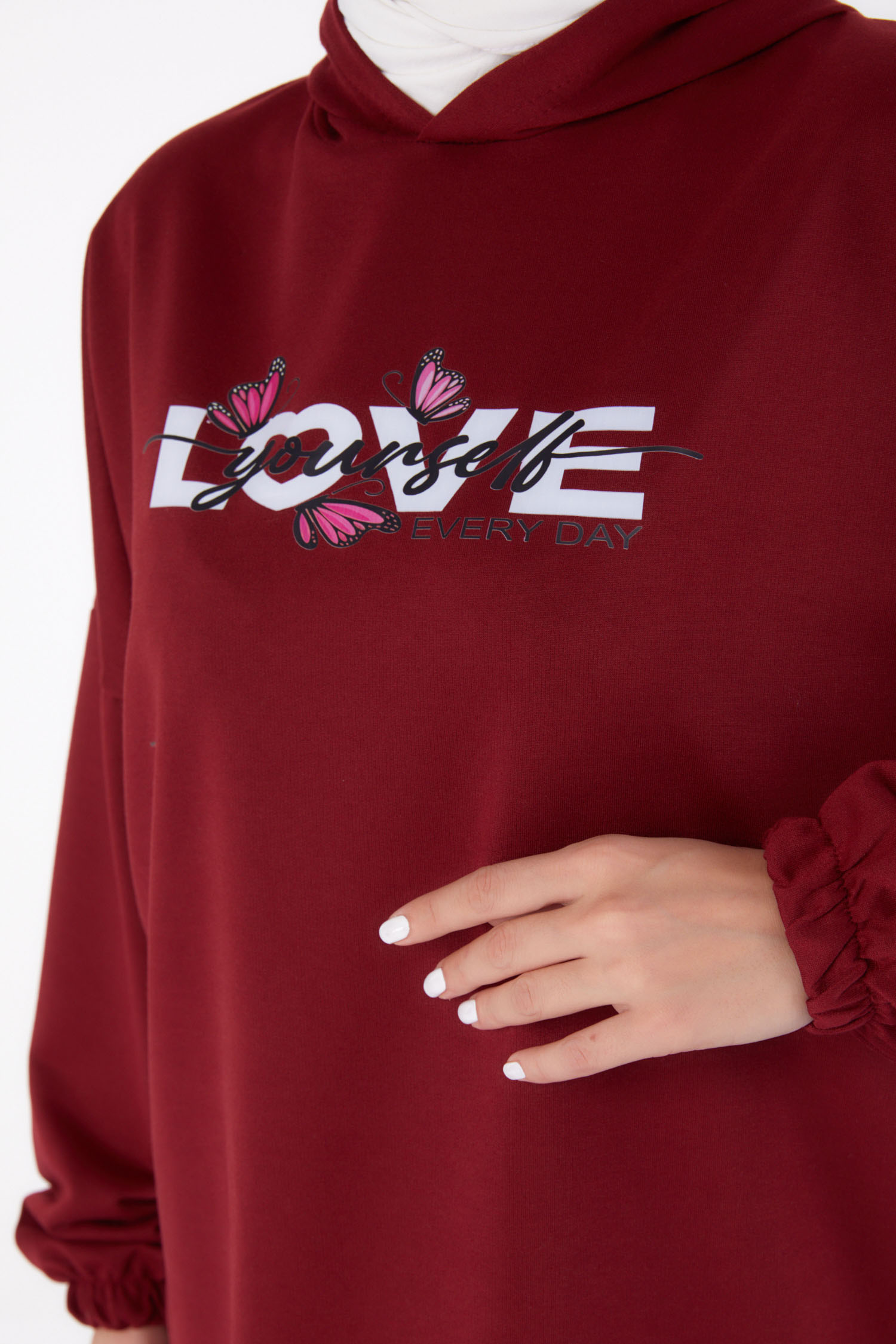 Düz Kapşonlu Yaka Kadın Bordo Baskılı Sweatshirt - 13330 - 5