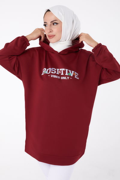 Baskılı Sweatshirt Bordo - 13333 