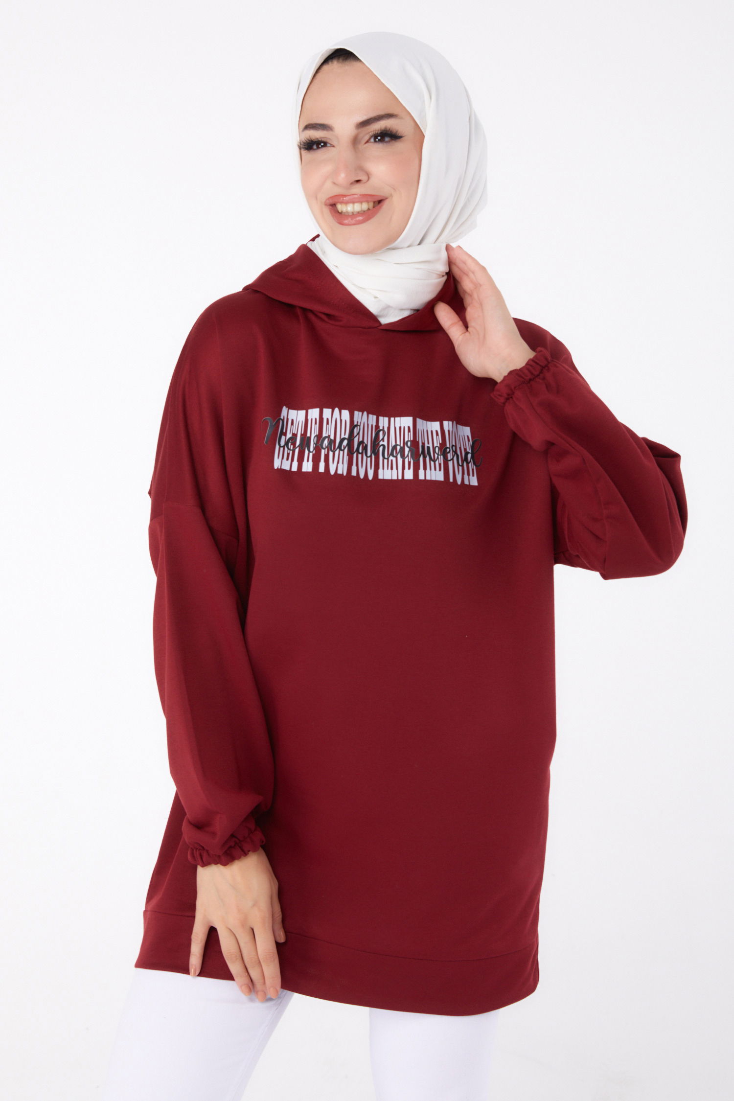 Düz Kapşonlu Yaka Kadın Bordo Baskılı Sweatshirt - 13334 - 1
