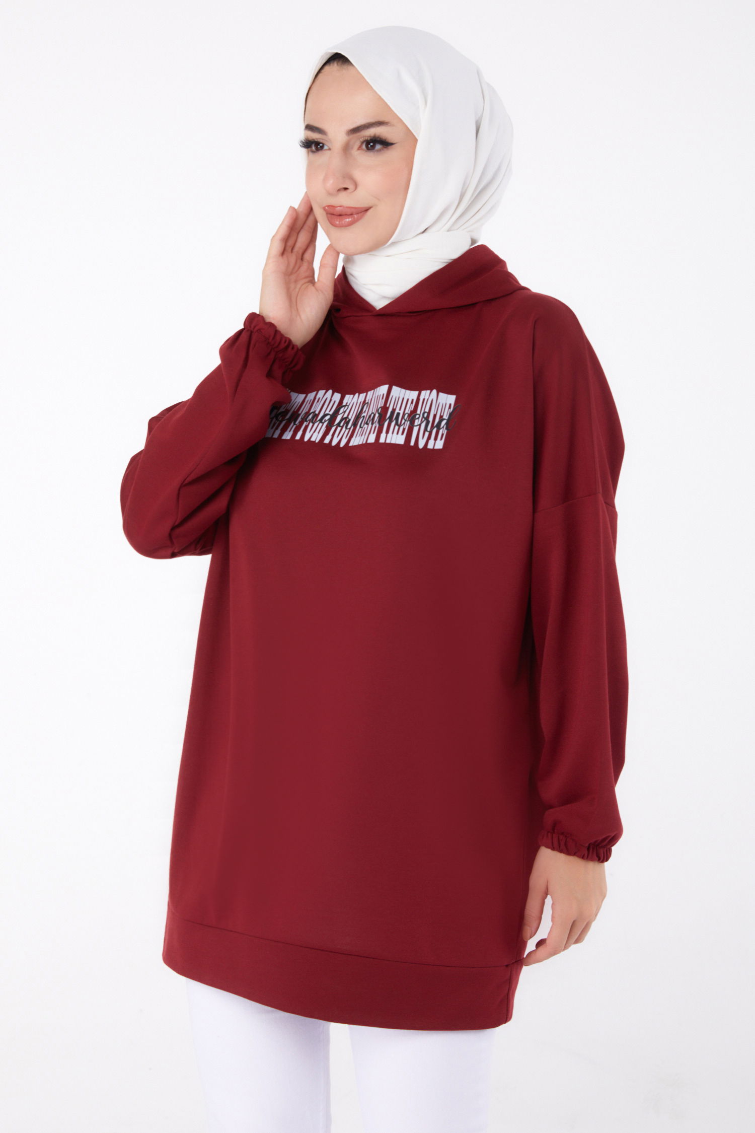 Düz Kapşonlu Yaka Kadın Bordo Baskılı Sweatshirt - 13334 - 2