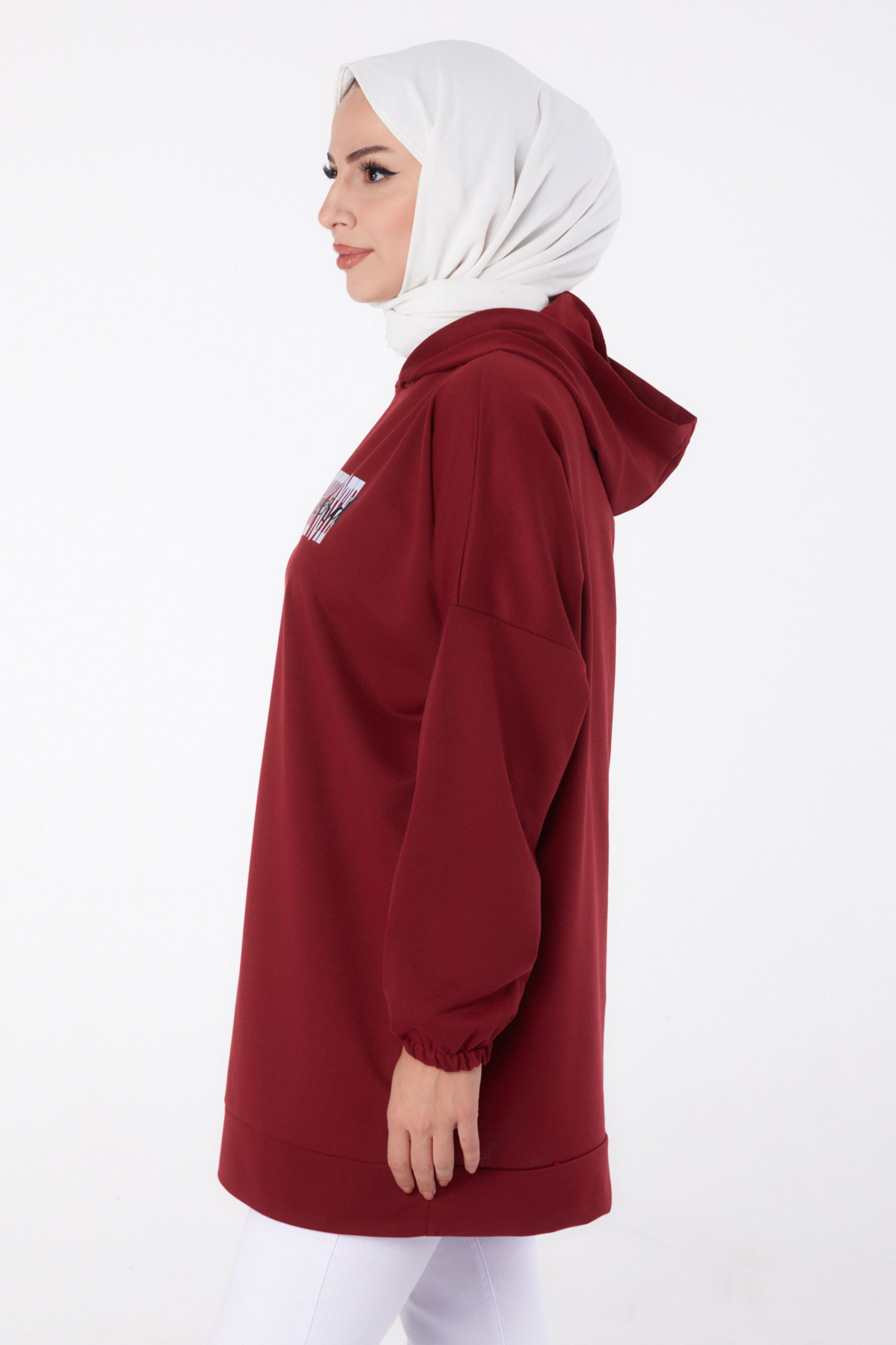 Düz Kapşonlu Yaka Kadın Bordo Baskılı Sweatshirt - 13334 - 3
