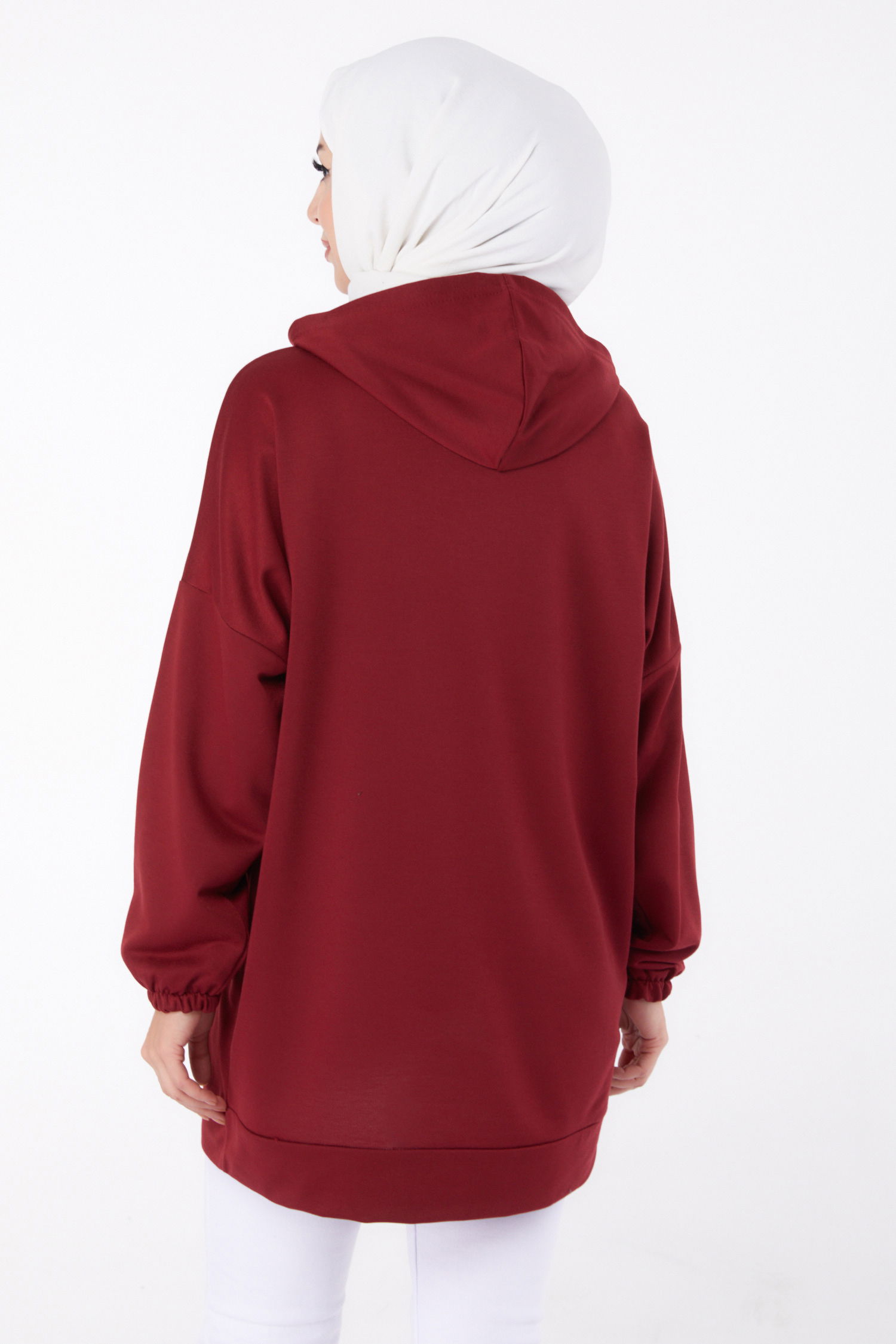 Düz Kapşonlu Yaka Kadın Bordo Baskılı Sweatshirt - 13334 - 4