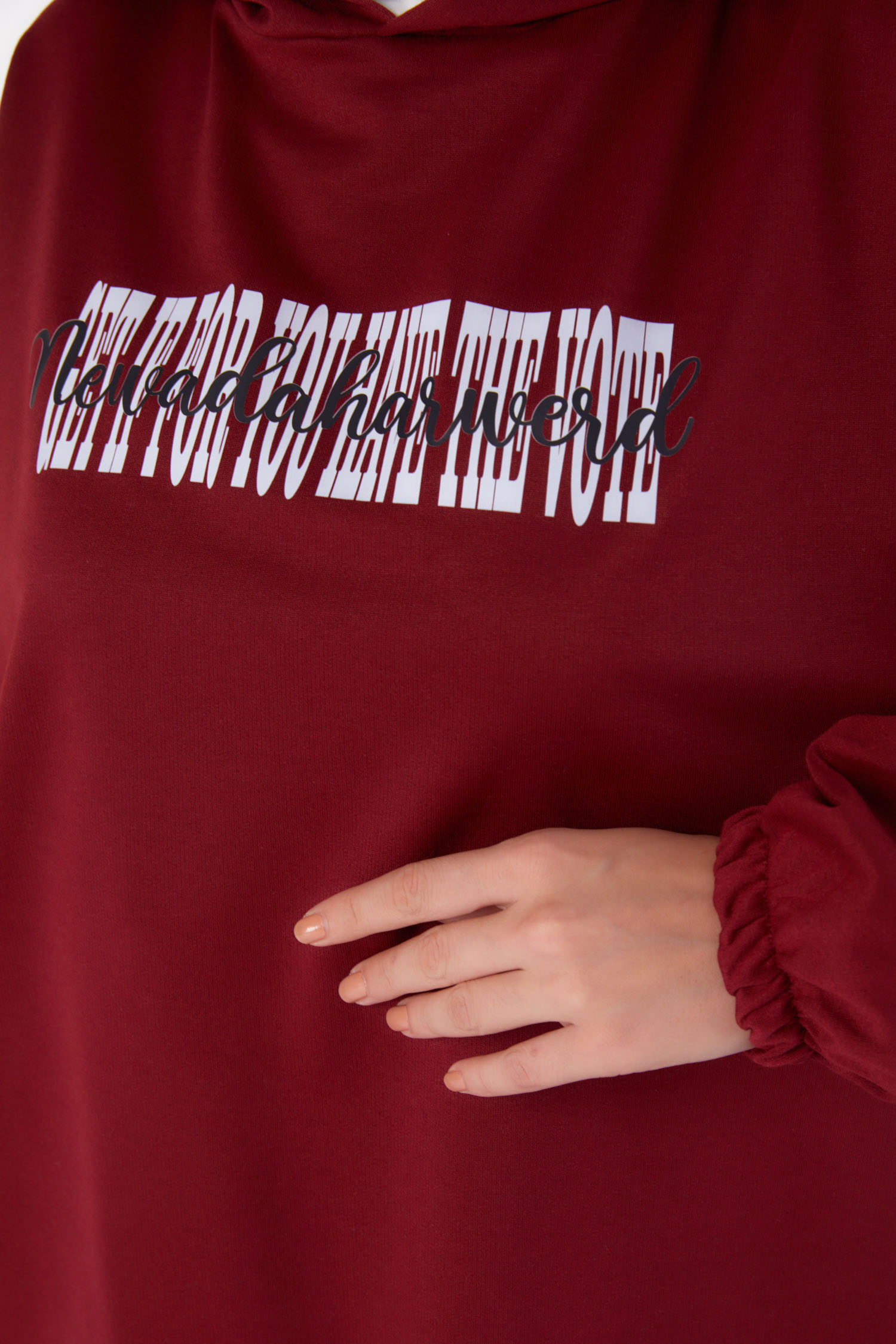 Düz Kapşonlu Yaka Kadın Bordo Baskılı Sweatshirt - 13334 - 5