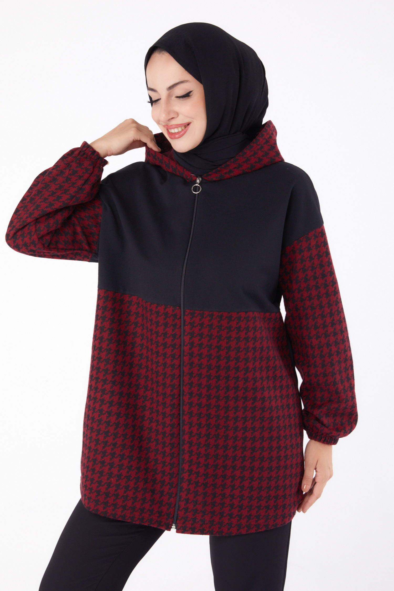Düz Kapşonlu Yaka Kadın Bordo Fermuarlı Garnili sweatshirt - 13314 - 1