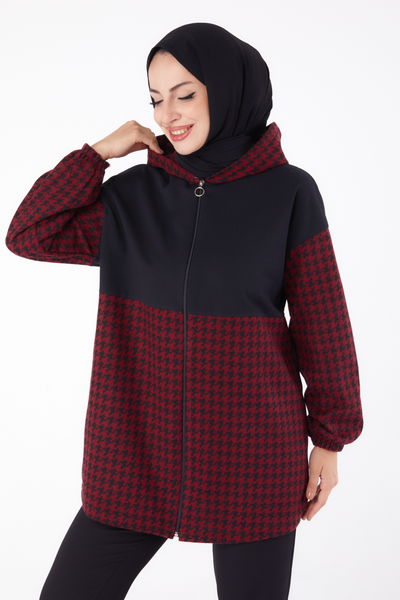 Düz Kapşonlu Yaka Kadın Bordo Fermuarlı Garnili sweatshirt - 13314 