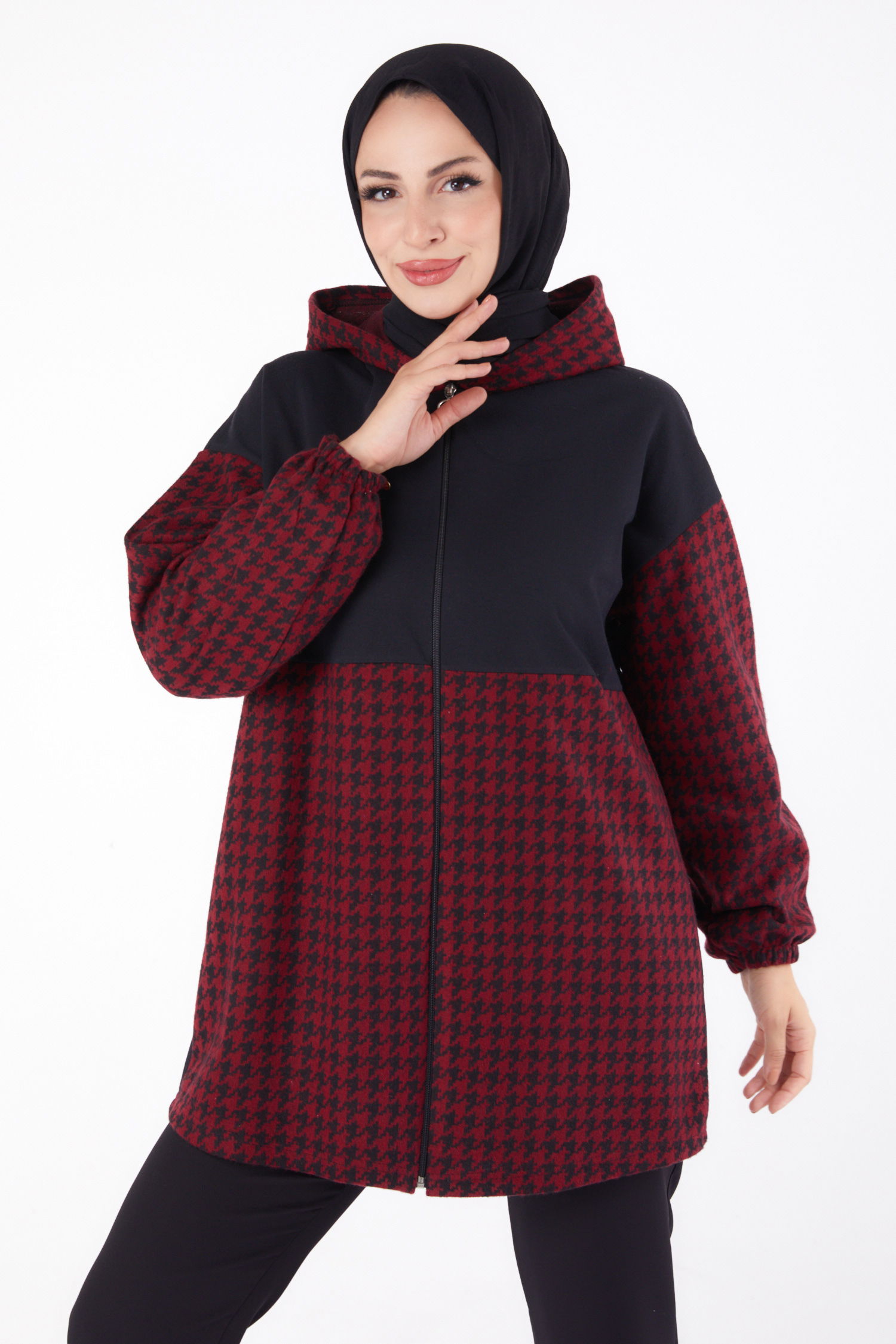 Düz Kapşonlu Yaka Kadın Bordo Fermuarlı Garnili sweatshirt - 13314 - 2