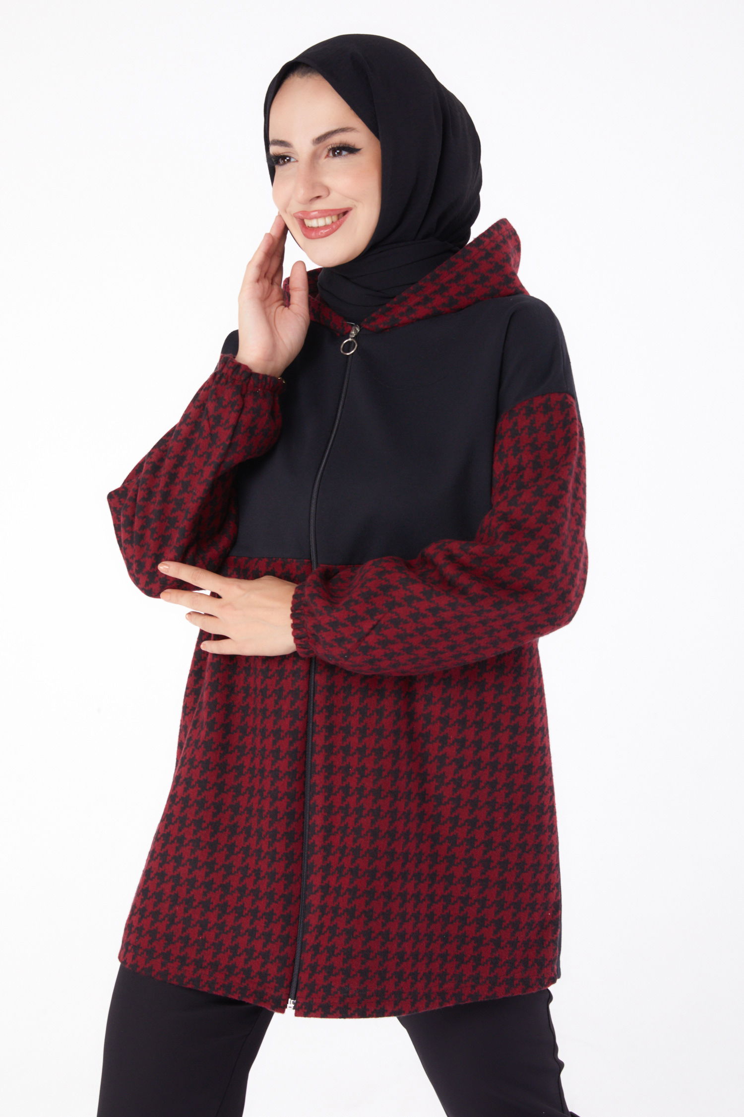 Düz Kapşonlu Yaka Kadın Bordo Fermuarlı Garnili sweatshirt - 13314 - 3