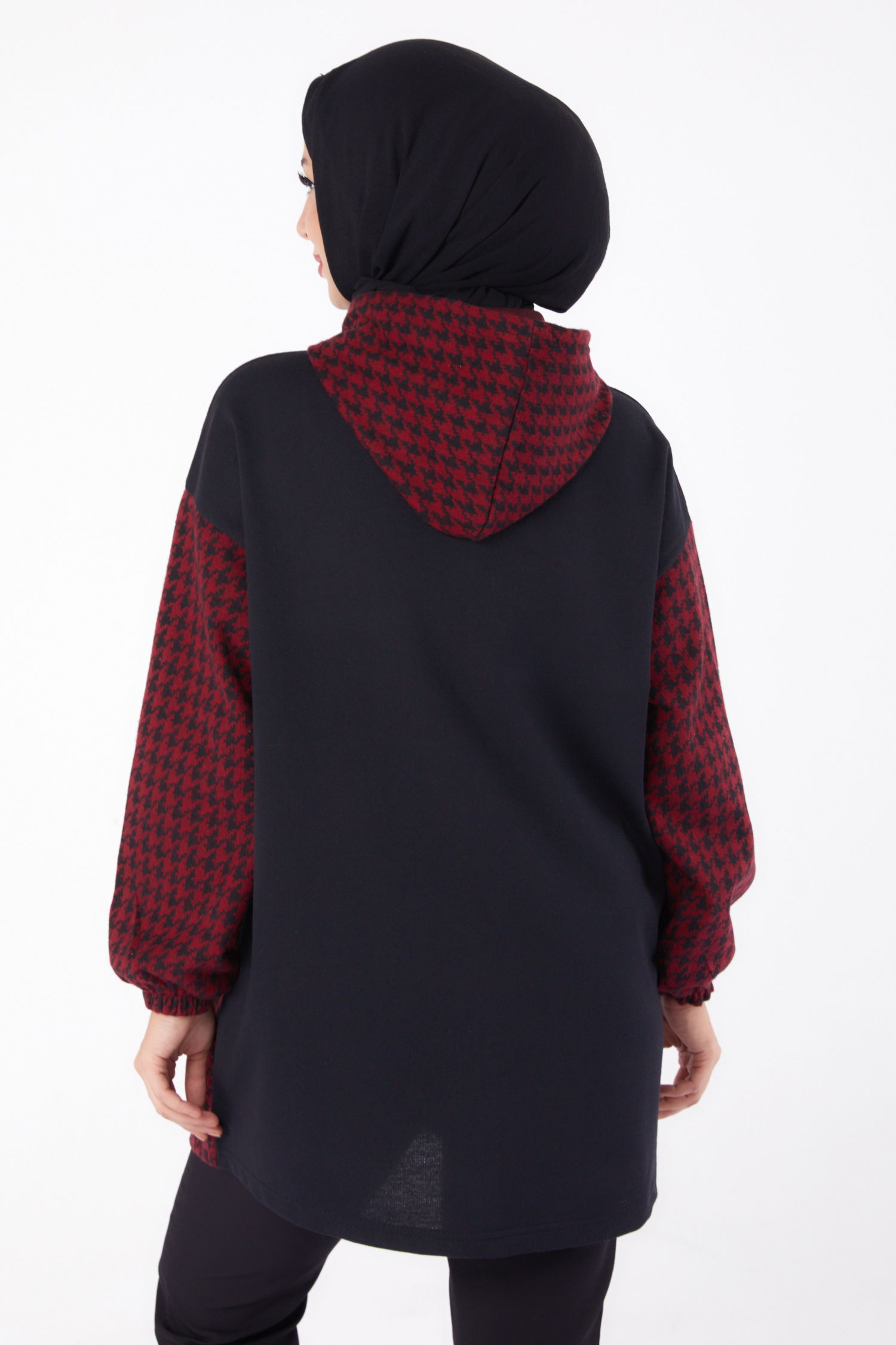 Düz Kapşonlu Yaka Kadın Bordo Fermuarlı Garnili sweatshirt - 13314 - 5