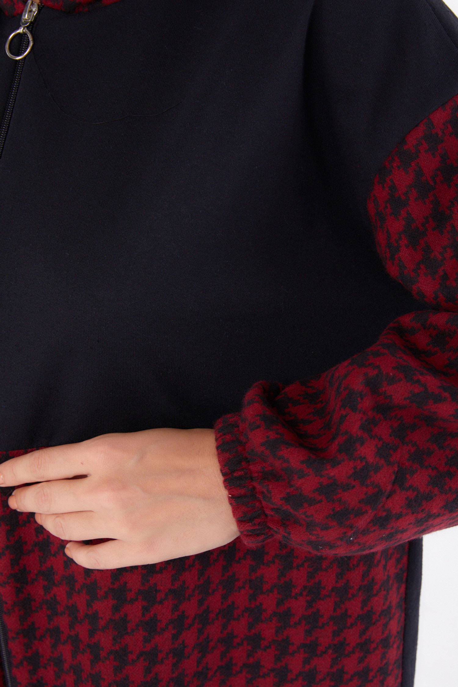 Düz Kapşonlu Yaka Kadın Bordo Fermuarlı Garnili sweatshirt - 13314 - 6