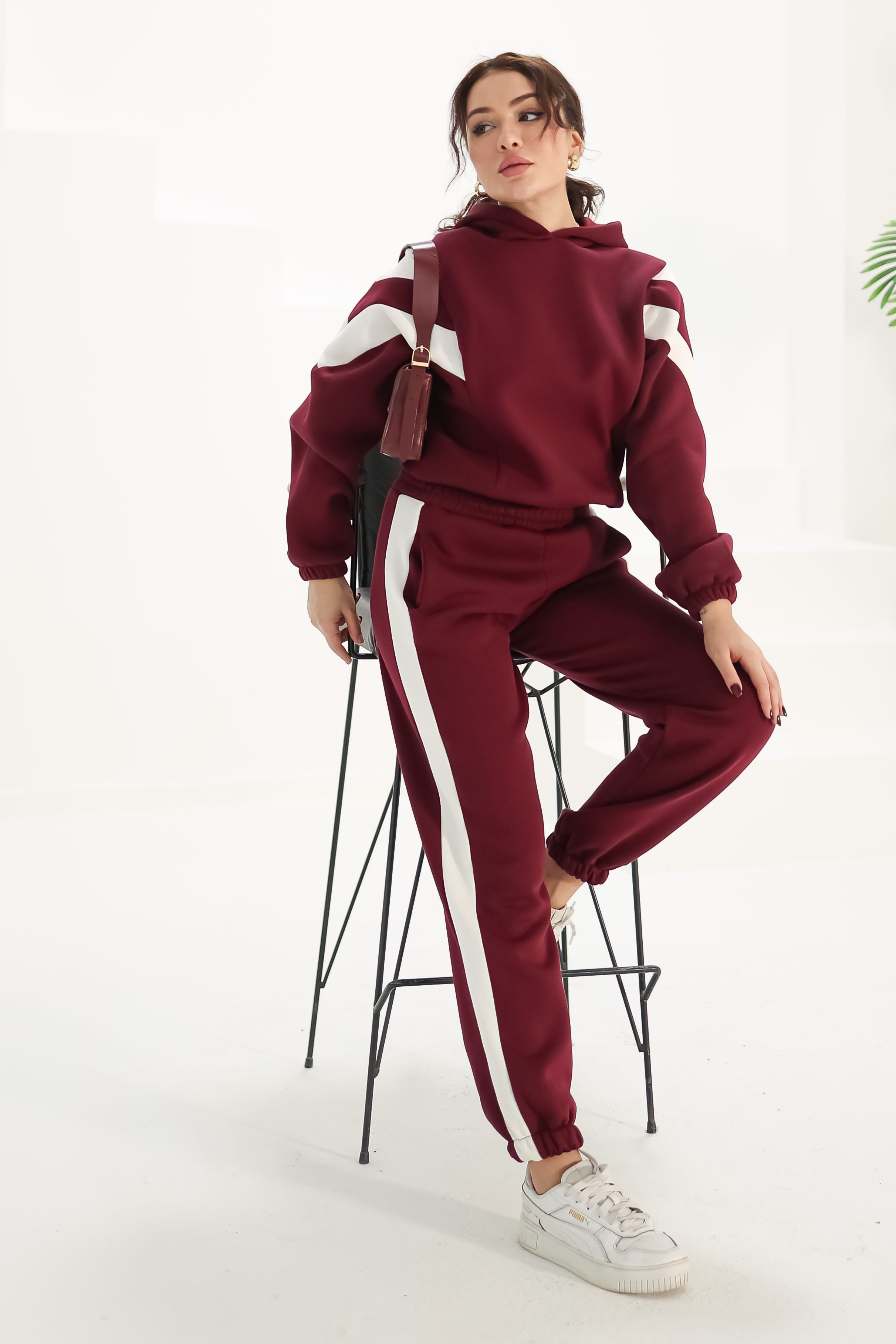 Düz Kapşonlu Yaka Kadın Bordo Garnili İkili Takım - 26184 - 1