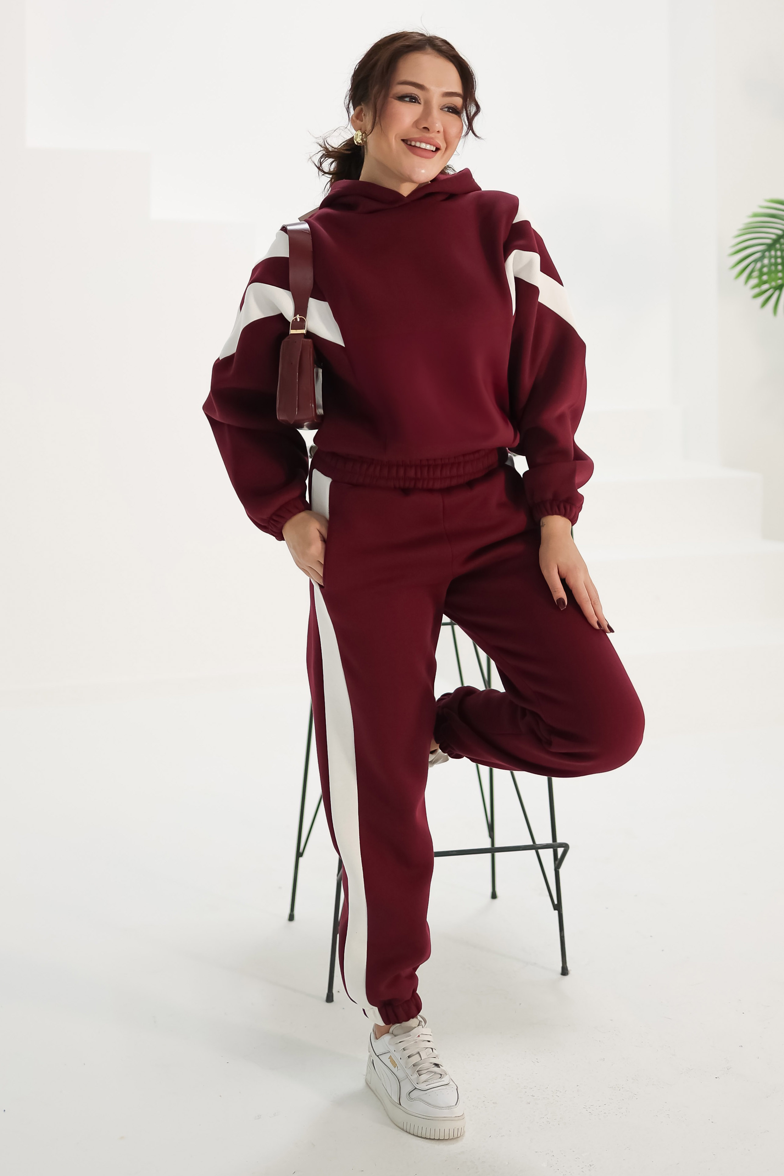 Düz Kapşonlu Yaka Kadın Bordo Garnili İkili Takım - 26184 - 2