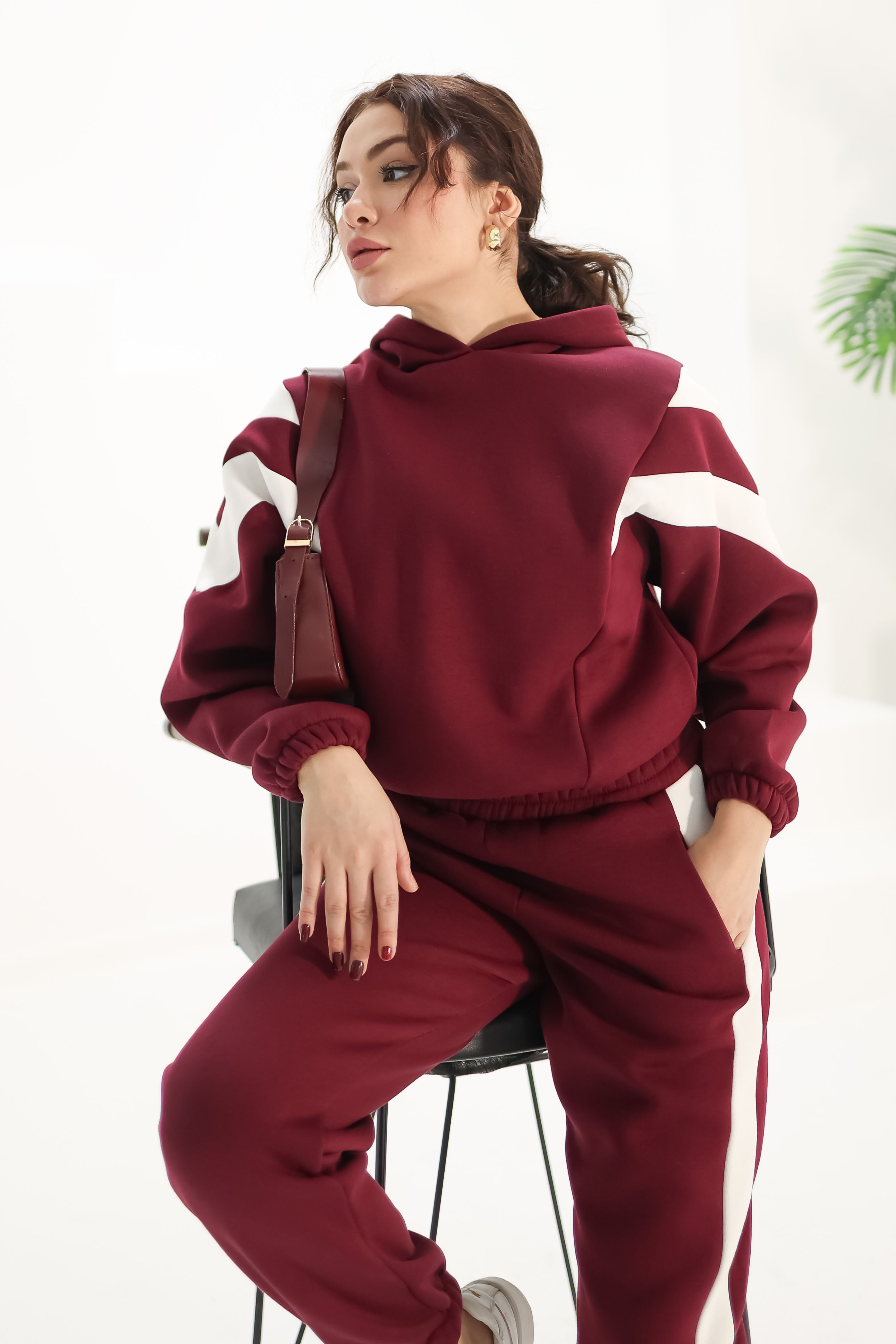 Düz Kapşonlu Yaka Kadın Bordo Garnili İkili Takım - 26184 - 3