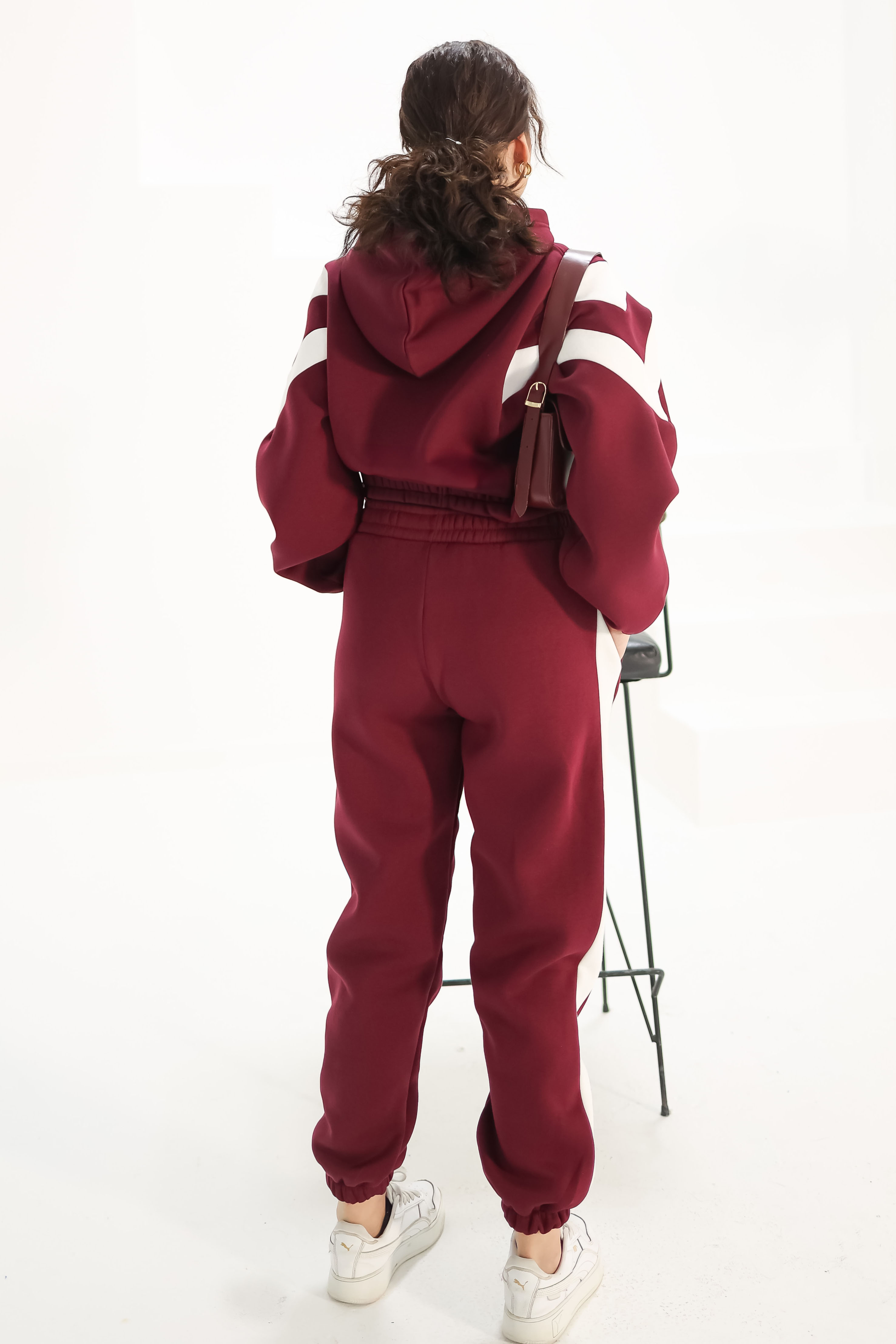 Düz Kapşonlu Yaka Kadın Bordo Garnili İkili Takım - 26184 - 4