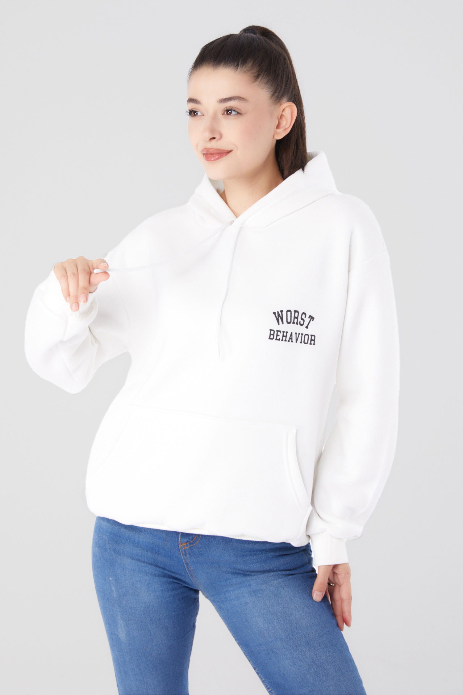 Düz Kapşonlu Yaka Kadın Ekru Baskılı Sweatshirt - 26279 - 1