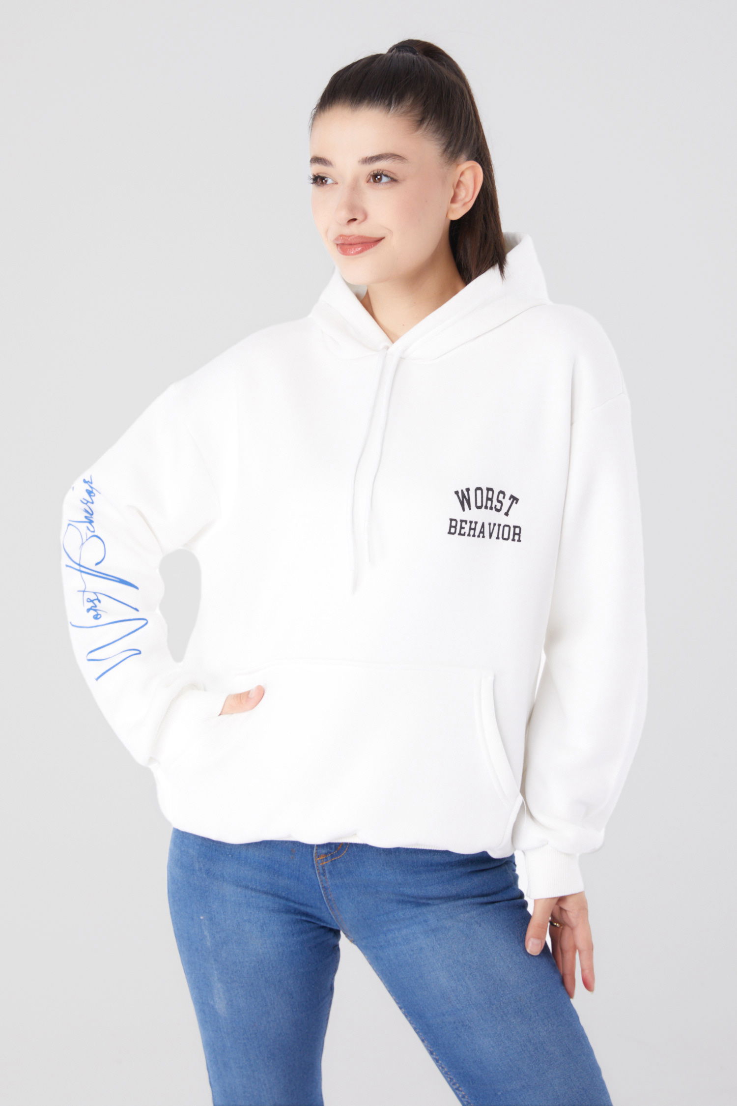 Düz Kapşonlu Yaka Kadın Ekru Baskılı Sweatshirt - 26279 - 2