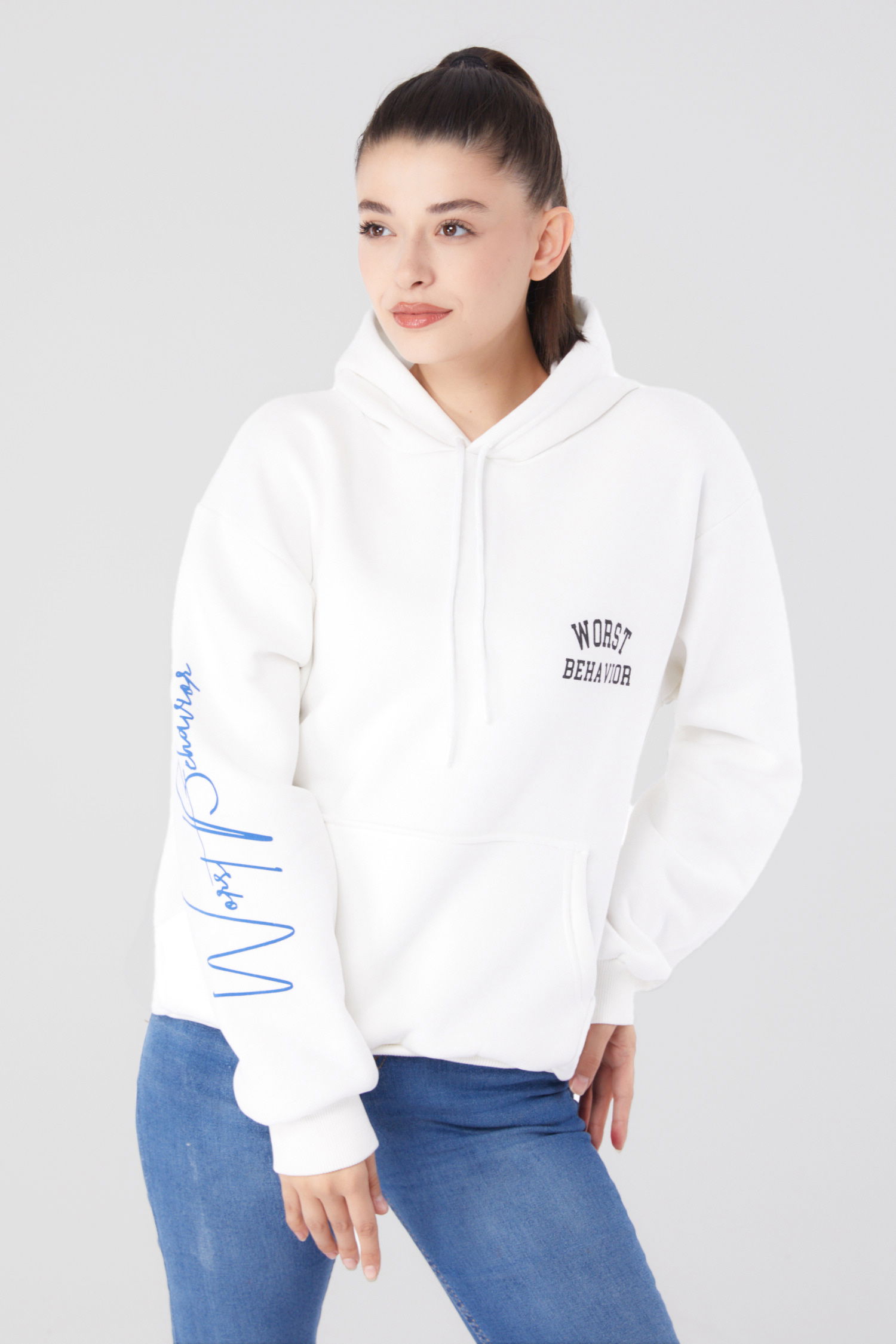 Düz Kapşonlu Yaka Kadın Ekru Baskılı Sweatshirt - 26279 - 3