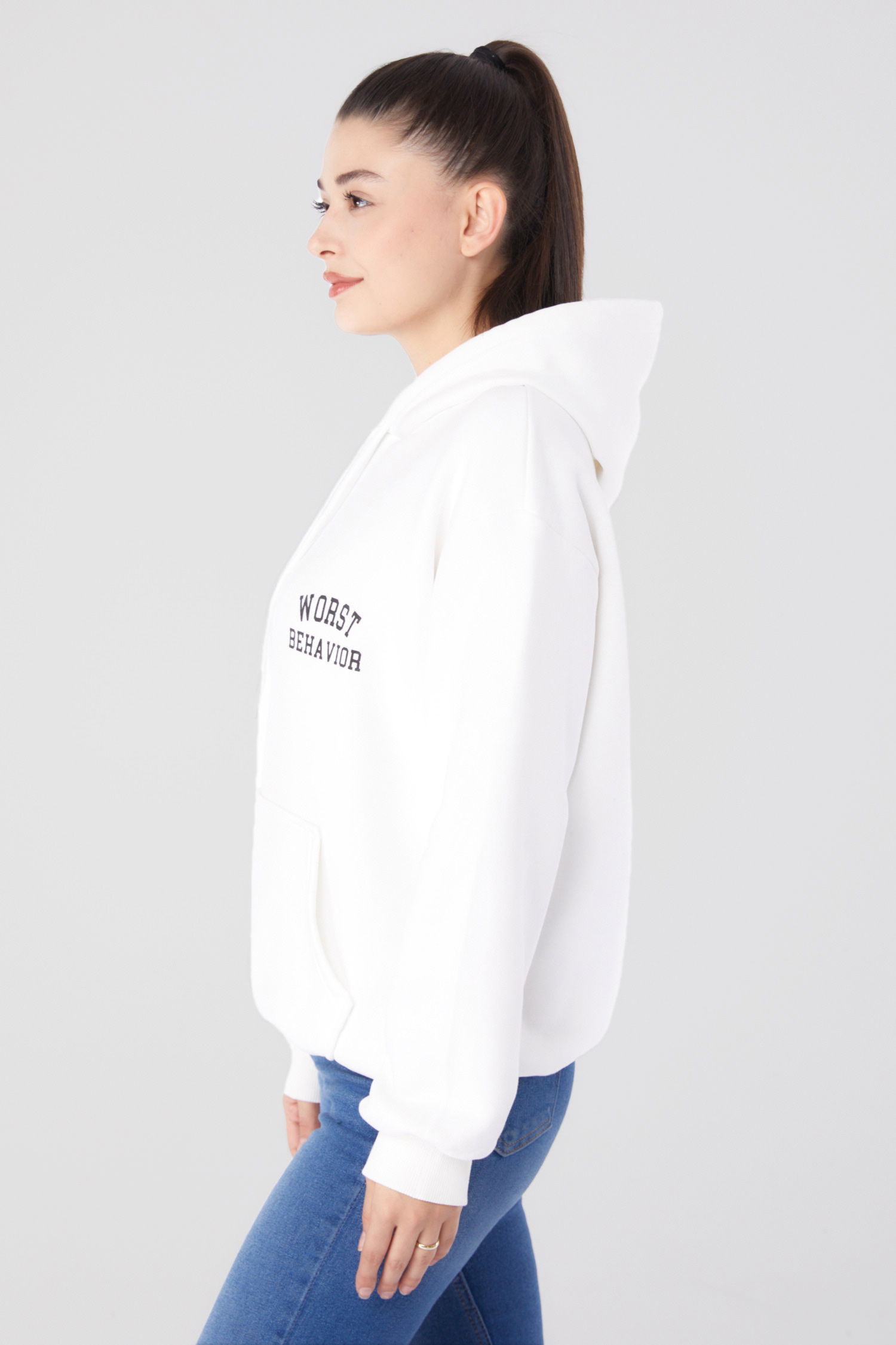 Düz Kapşonlu Yaka Kadın Ekru Baskılı Sweatshirt - 26279 - 4