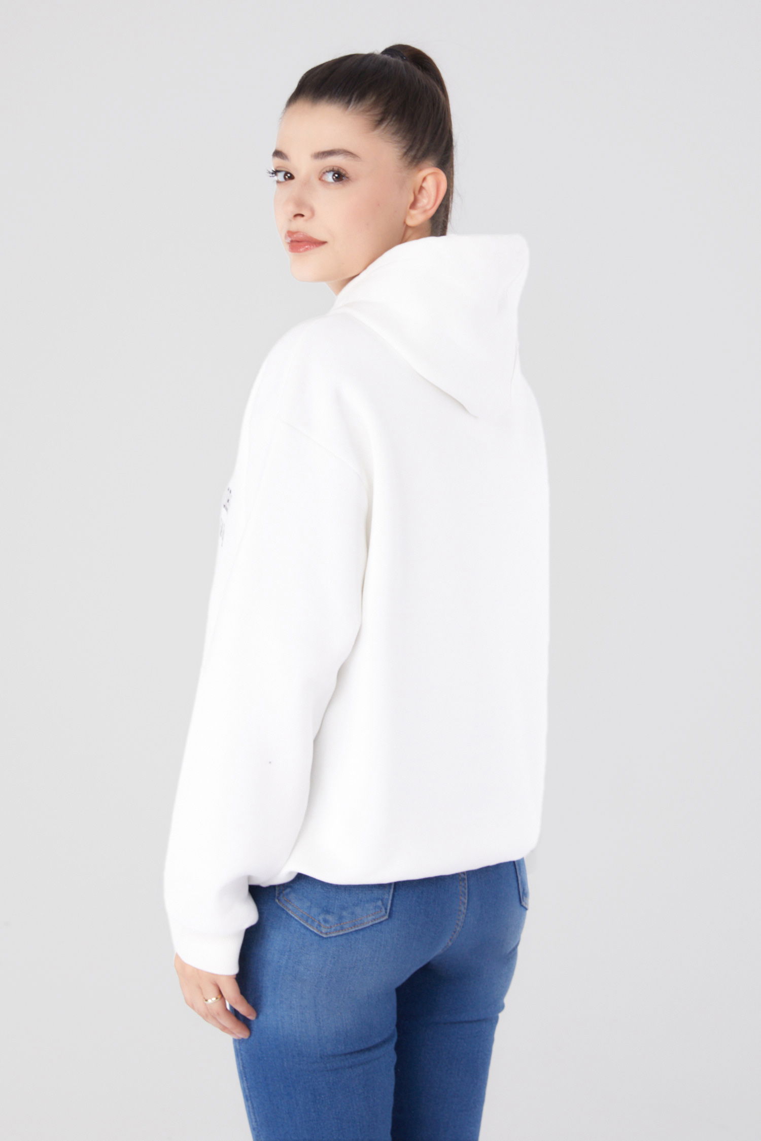 Düz Kapşonlu Yaka Kadın Ekru Baskılı Sweatshirt - 26279 - 5