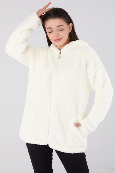 Düz Kapşonlu Yaka Kadın Ekru Peluş Kısa Mont - 26459 