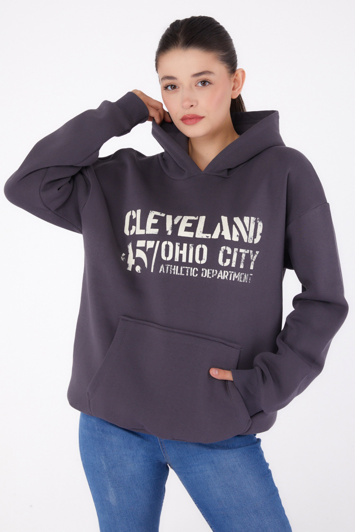 Düz Kapşonlu Yaka Kadın Füme Baskılı Sweatshirt - 26383 - 1
