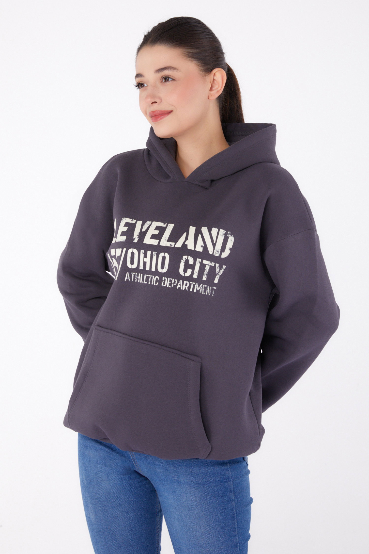 Düz Kapşonlu Yaka Kadın Füme Baskılı Sweatshirt - 26383 - 2