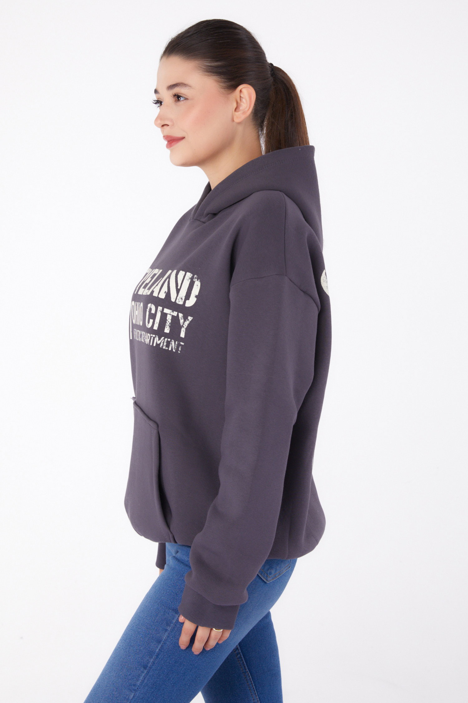 Düz Kapşonlu Yaka Kadın Füme Baskılı Sweatshirt - 26383 - 3