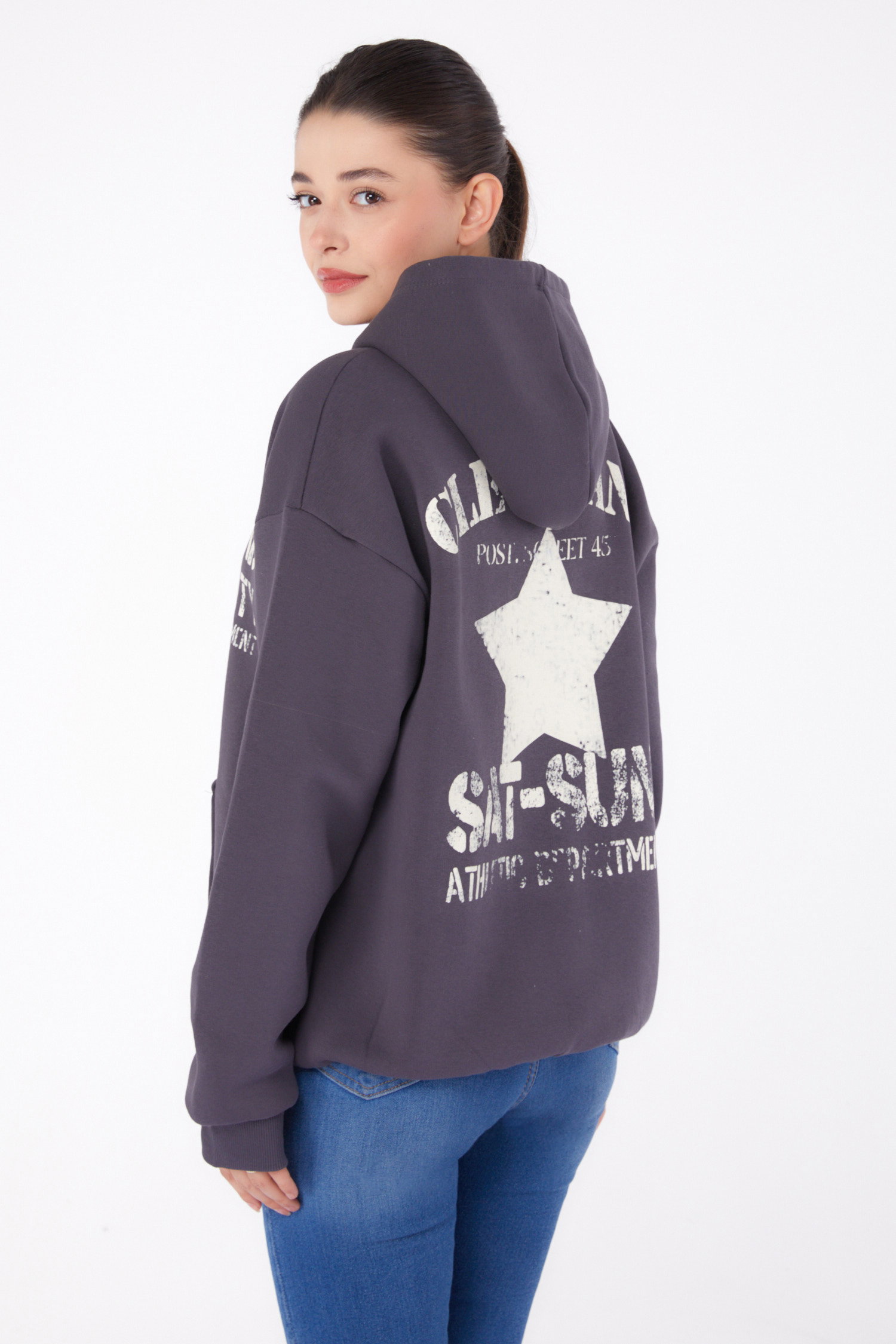 Düz Kapşonlu Yaka Kadın Füme Baskılı Sweatshirt - 26383 - 4