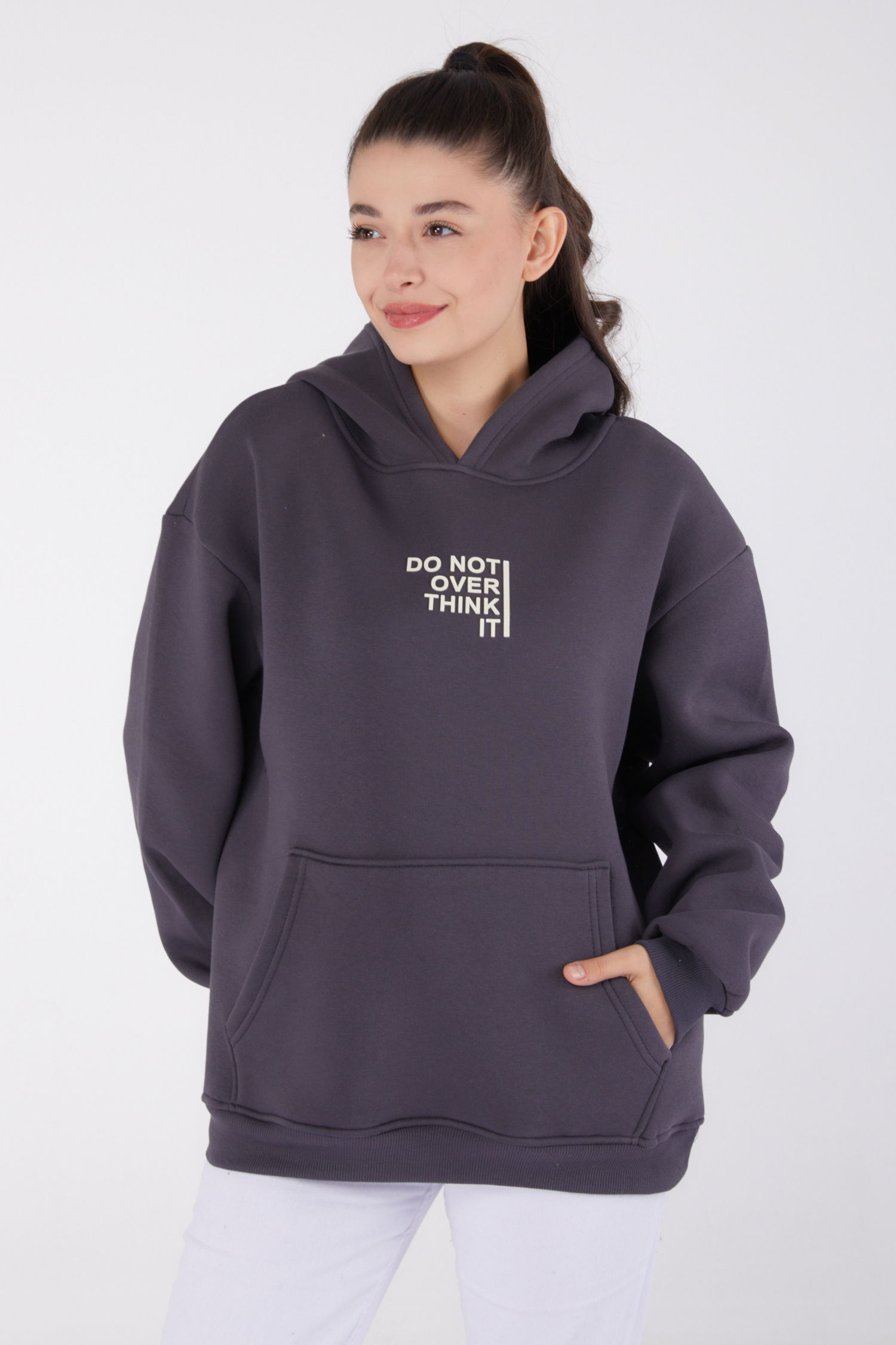 Düz Kapşonlu Yaka Kadın Füme Baskılı Sweatshirt - 26474 - 1