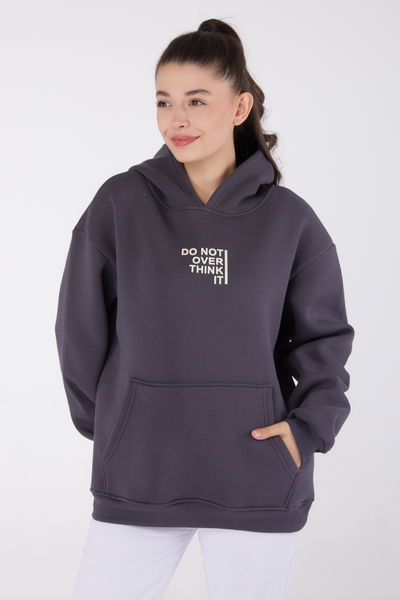 Düz Kapşonlu Yaka Kadın Füme Baskılı Sweatshirt - 26474 