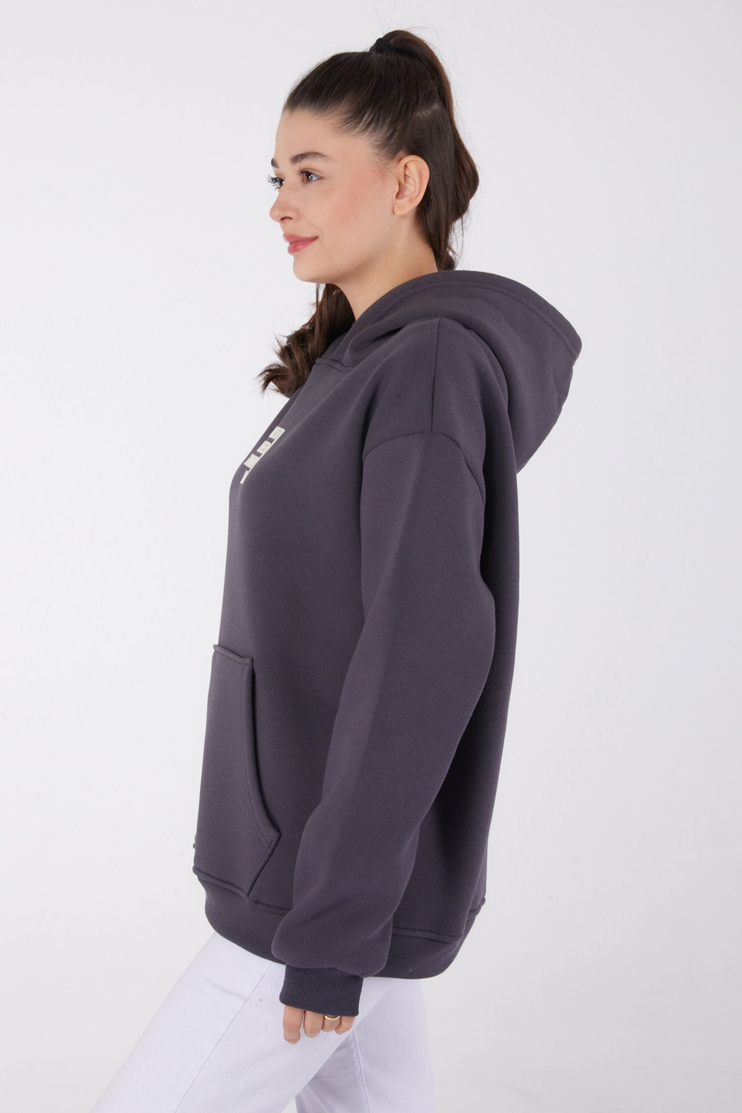 Düz Kapşonlu Yaka Kadın Füme Baskılı Sweatshirt - 26474 - 4