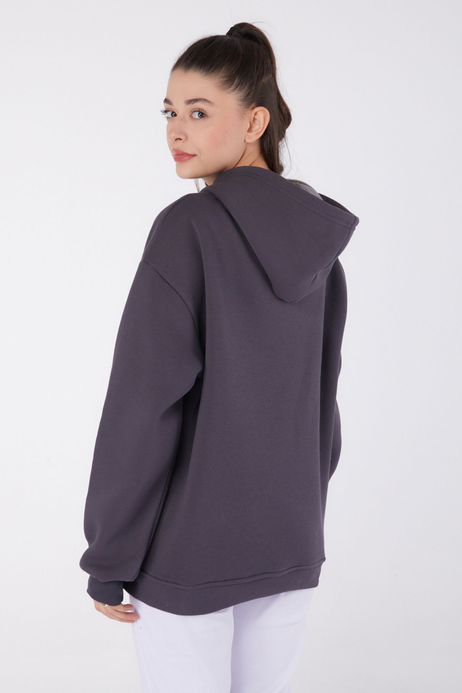 Düz Kapşonlu Yaka Kadın Füme Baskılı Sweatshirt - 26474 - 5
