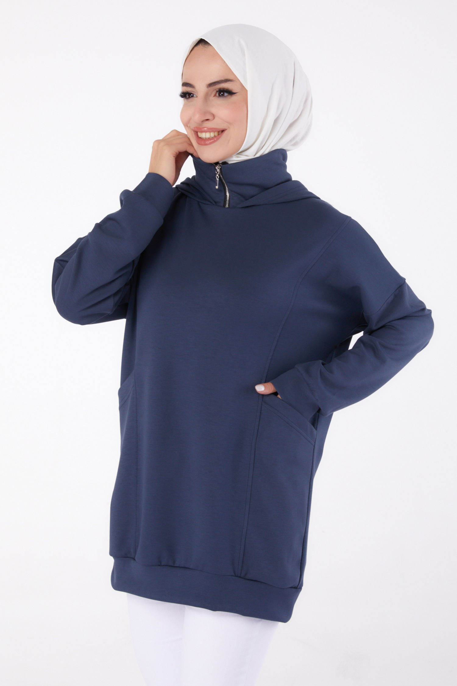 Düz Kapşonlu Yaka Kadın Füme Cepli Tunik - 26479 - 2