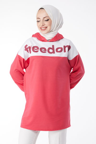 Düz Kapşonlu Yaka Kadın Fuşya Baskılı Kapşonlu Sweatshirt - 13134 