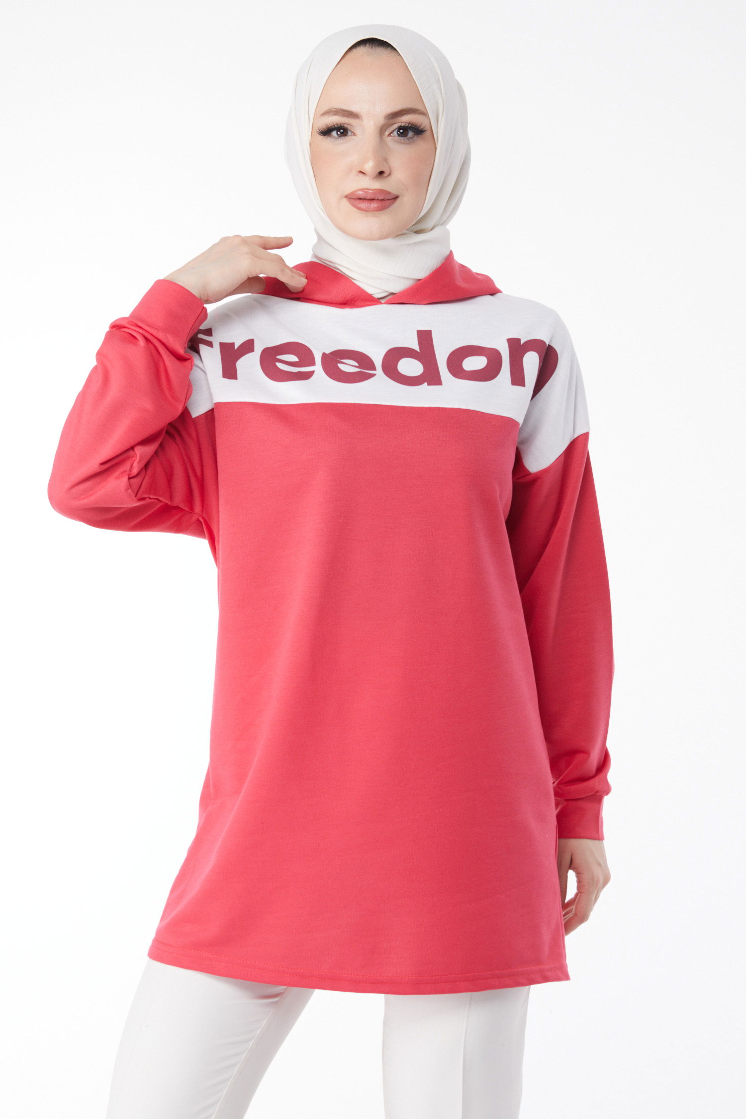 Düz Kapşonlu Yaka Kadın Fuşya Baskılı Kapşonlu Sweatshirt - 13134 - 2