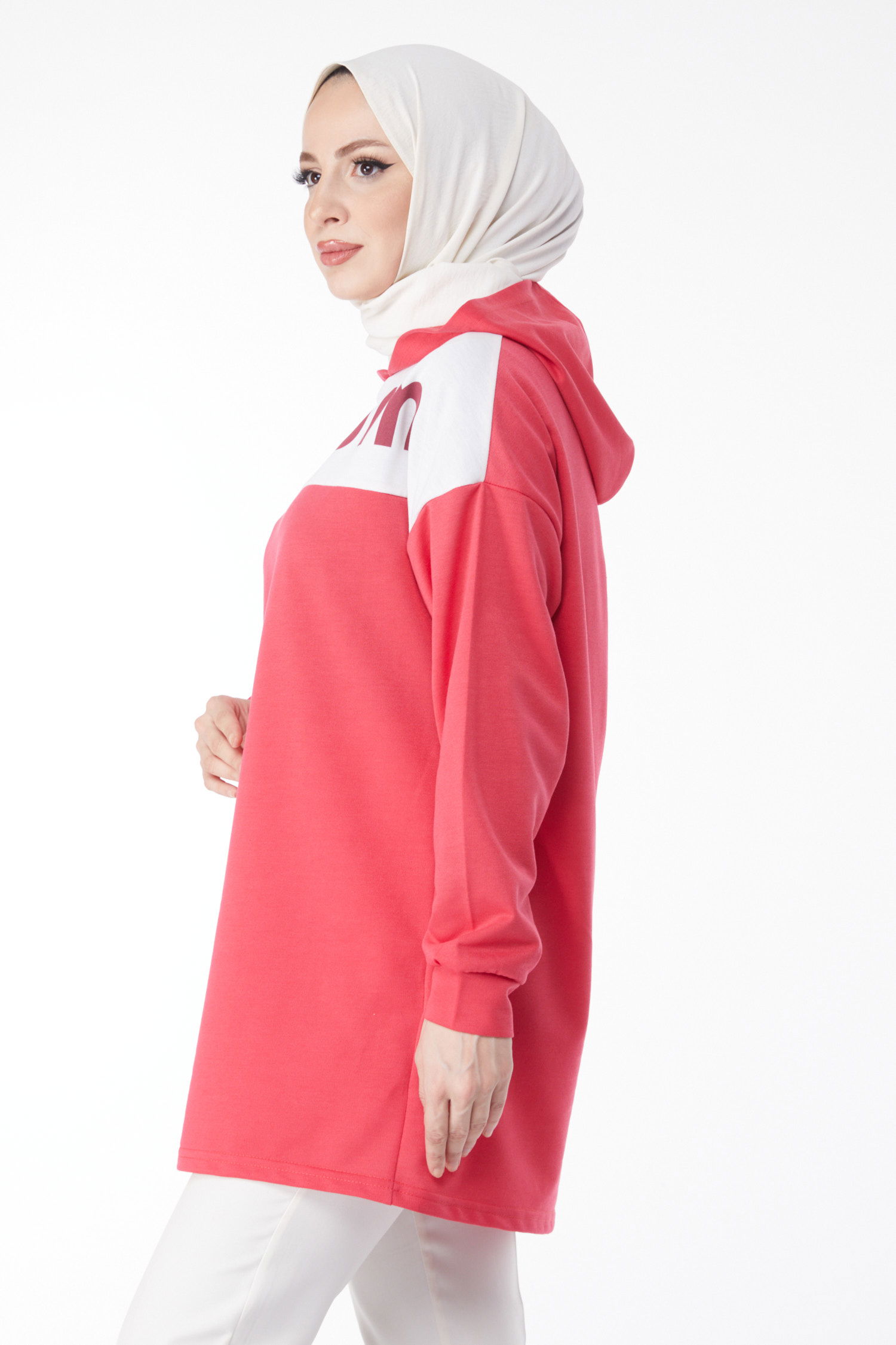 Düz Kapşonlu Yaka Kadın Fuşya Baskılı Kapşonlu Sweatshirt - 13134 - 4