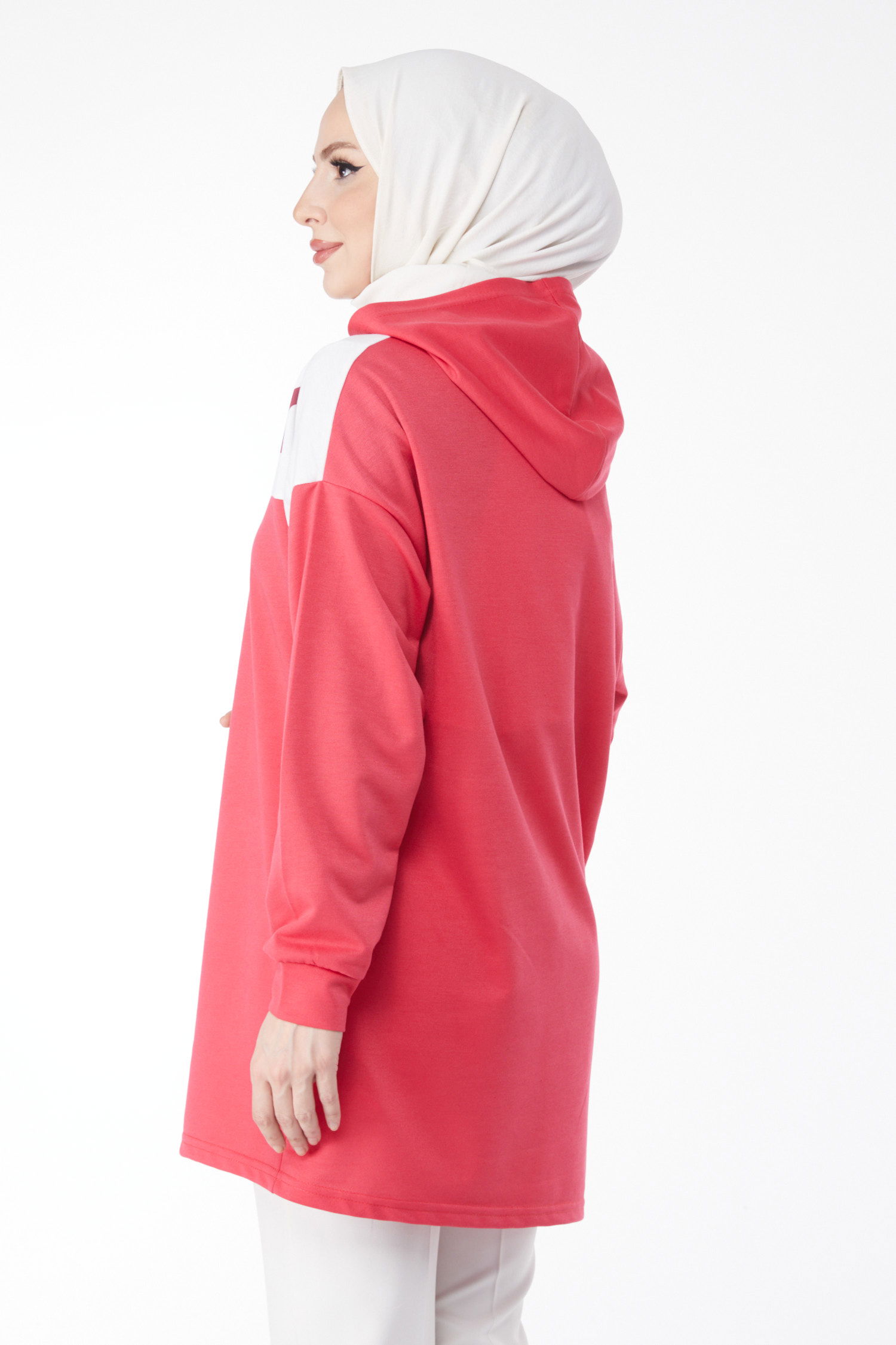 Düz Kapşonlu Yaka Kadın Fuşya Baskılı Kapşonlu Sweatshirt - 13134 - 5