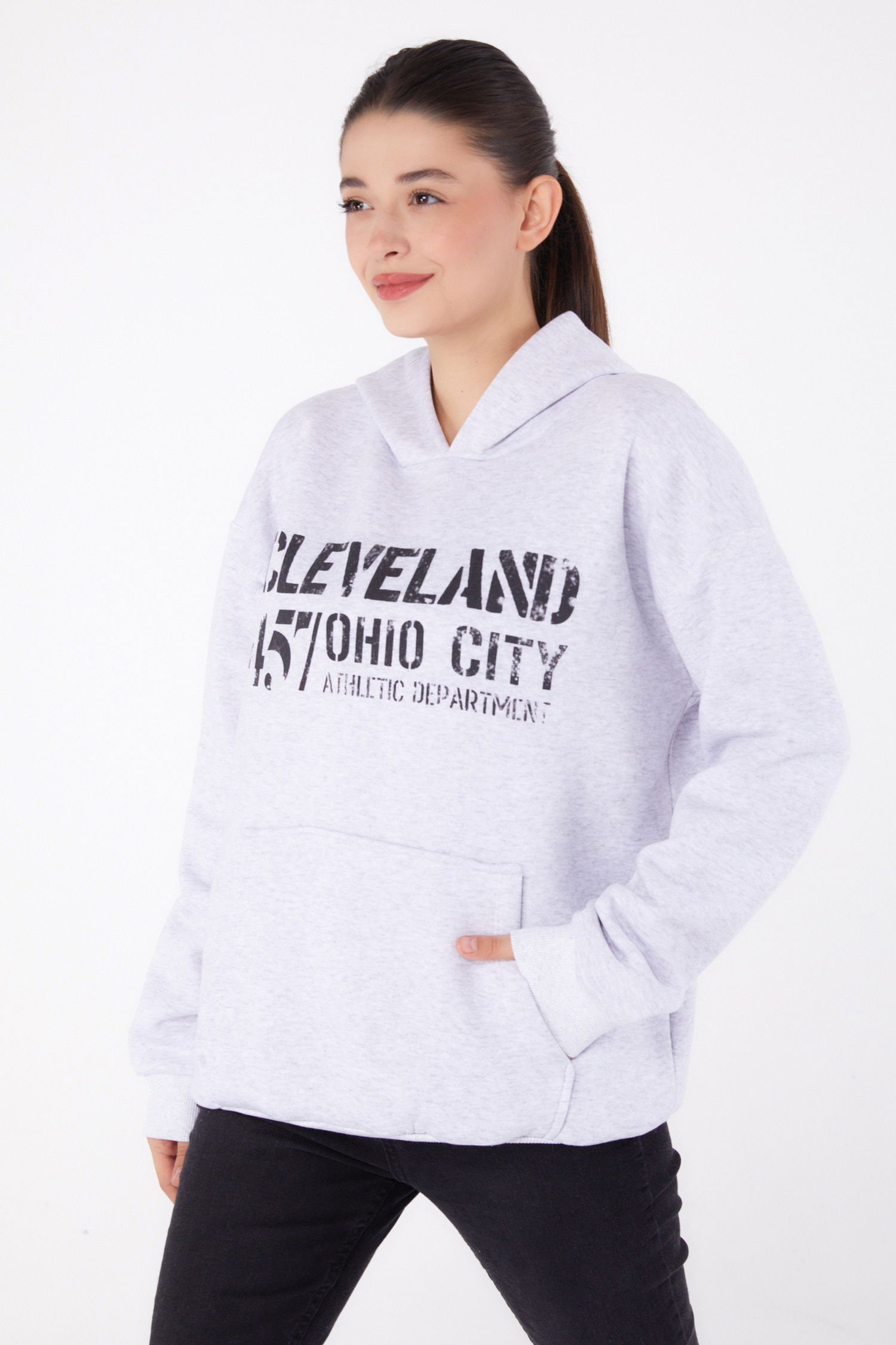 Düz Kapşonlu Yaka Kadın Gri Baskılı Sweatshirt - 26383 - 1
