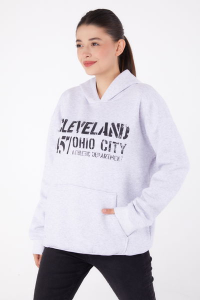 Düz Kapşonlu Yaka Kadın Gri Baskılı Sweatshirt - 26383 
