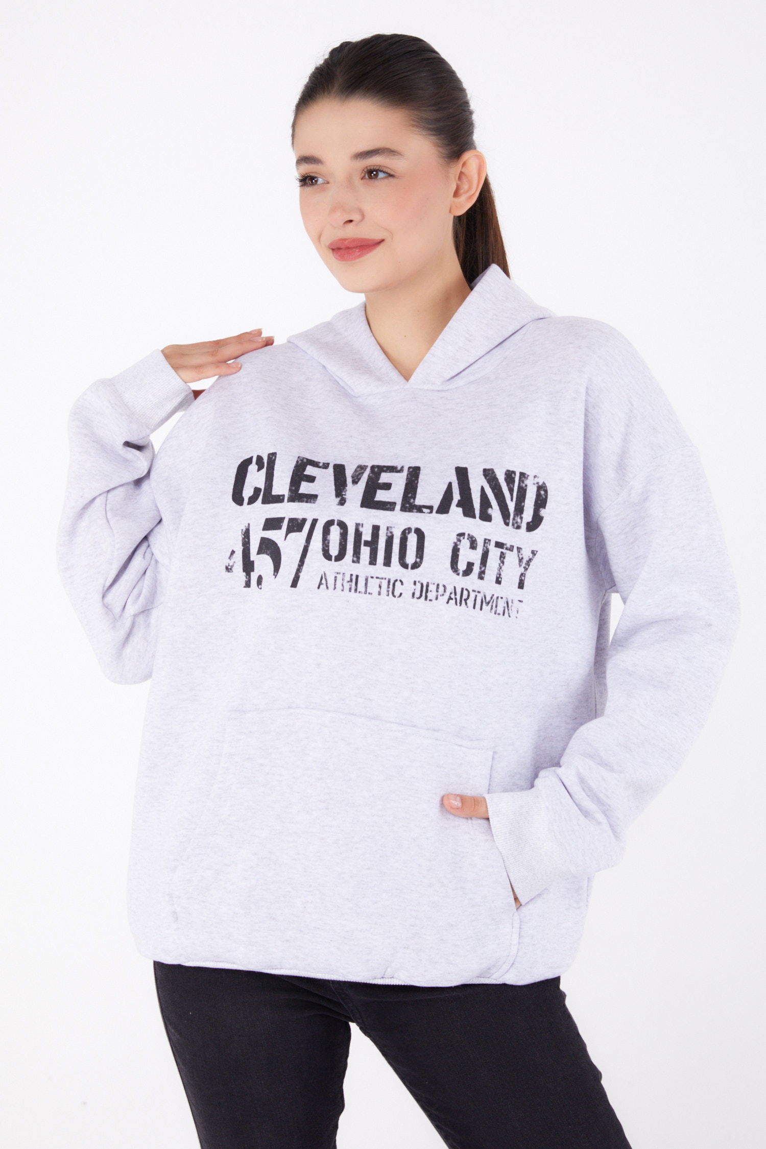 Düz Kapşonlu Yaka Kadın Gri Baskılı Sweatshirt - 26383 - 2